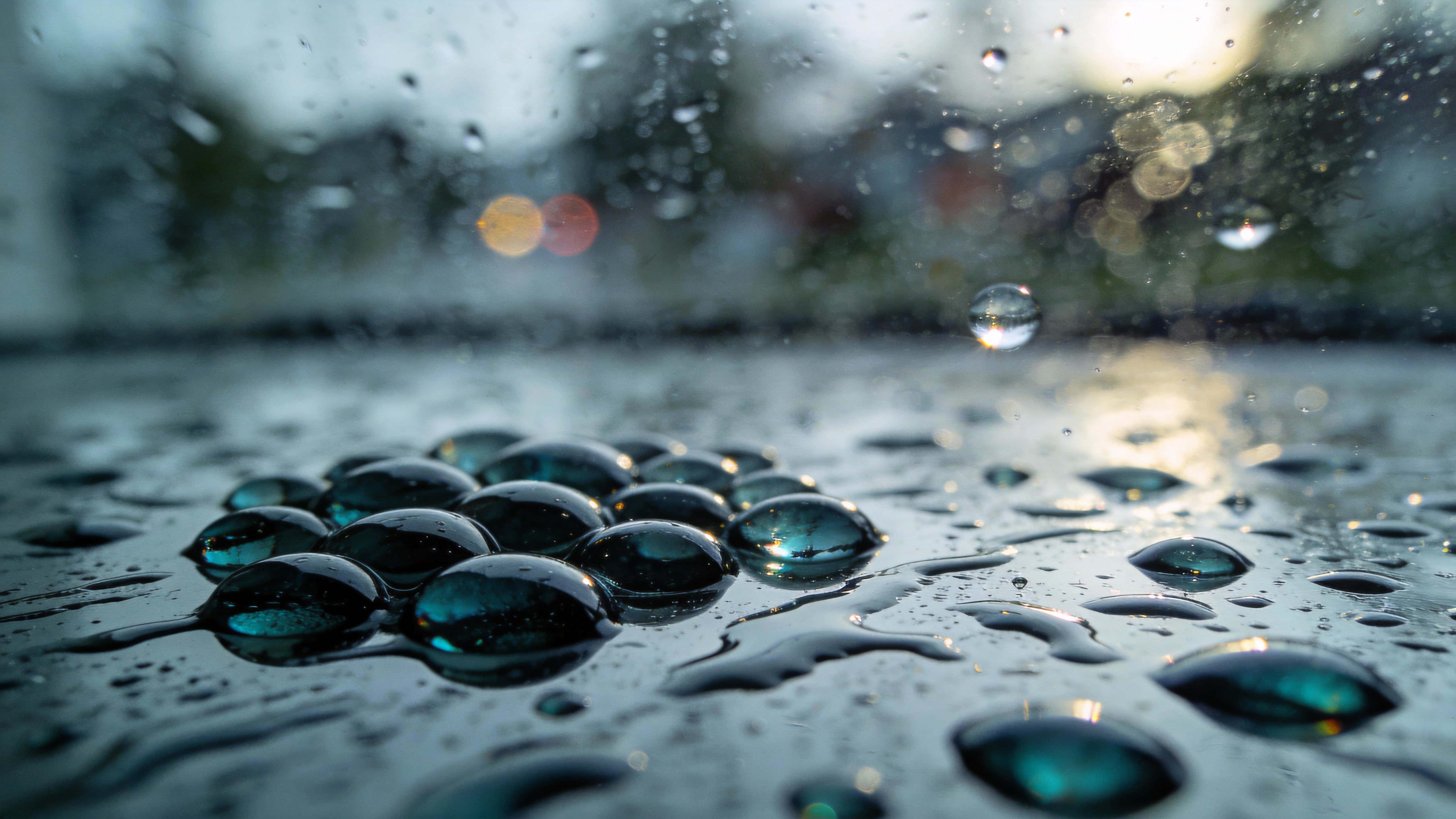 Close-up of a rain-speckled window photographed in a 16:9 crop, shallow focus on droplets with the outside scene soft and heavily blurred to abstract shapes.