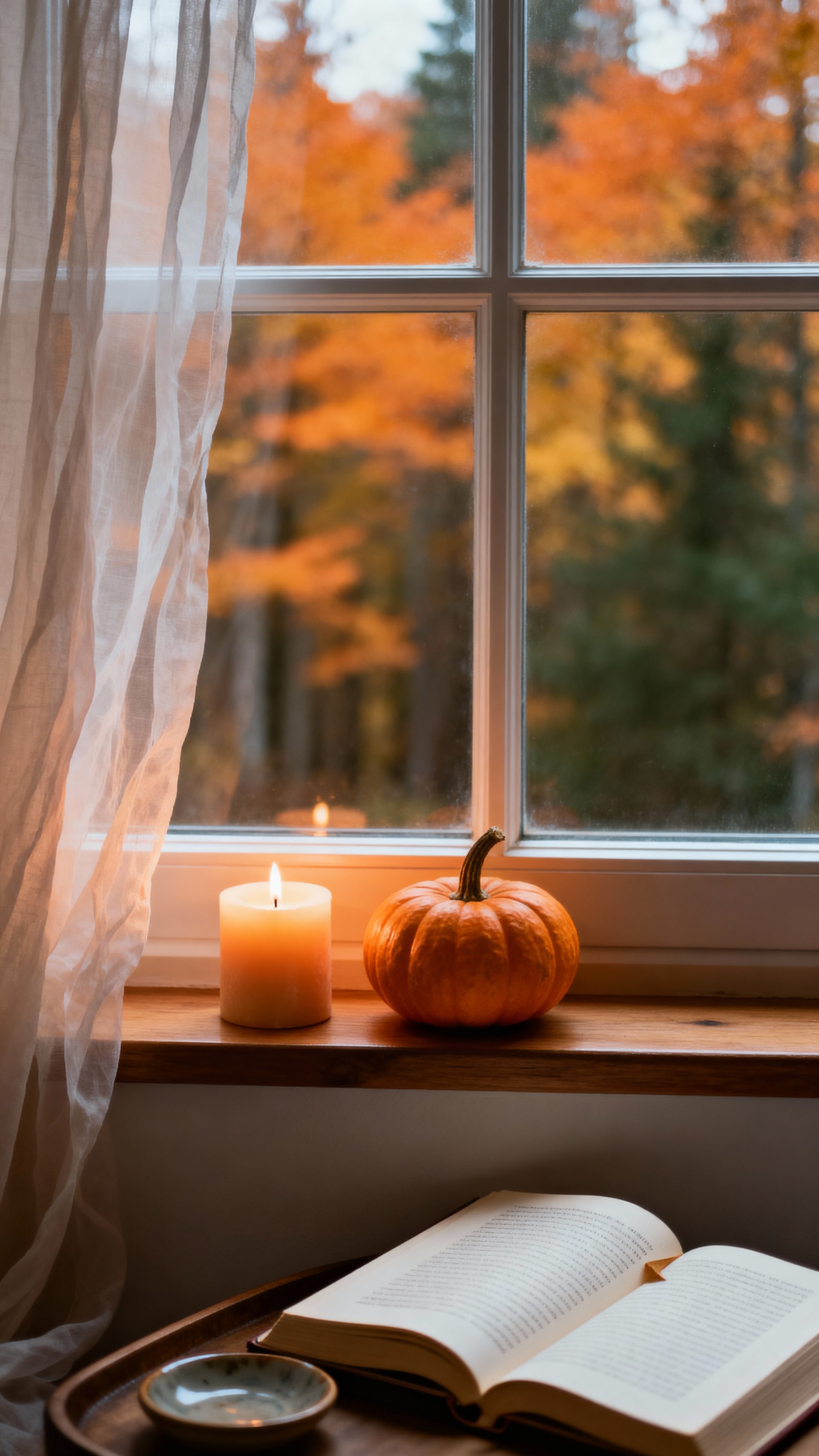 A cozy interior showing gauzy curtains billowing inward, a candle, a small pumpkin and a half-read book on the windowsill, with an impressionistic orange-gold forest beyond the glass.