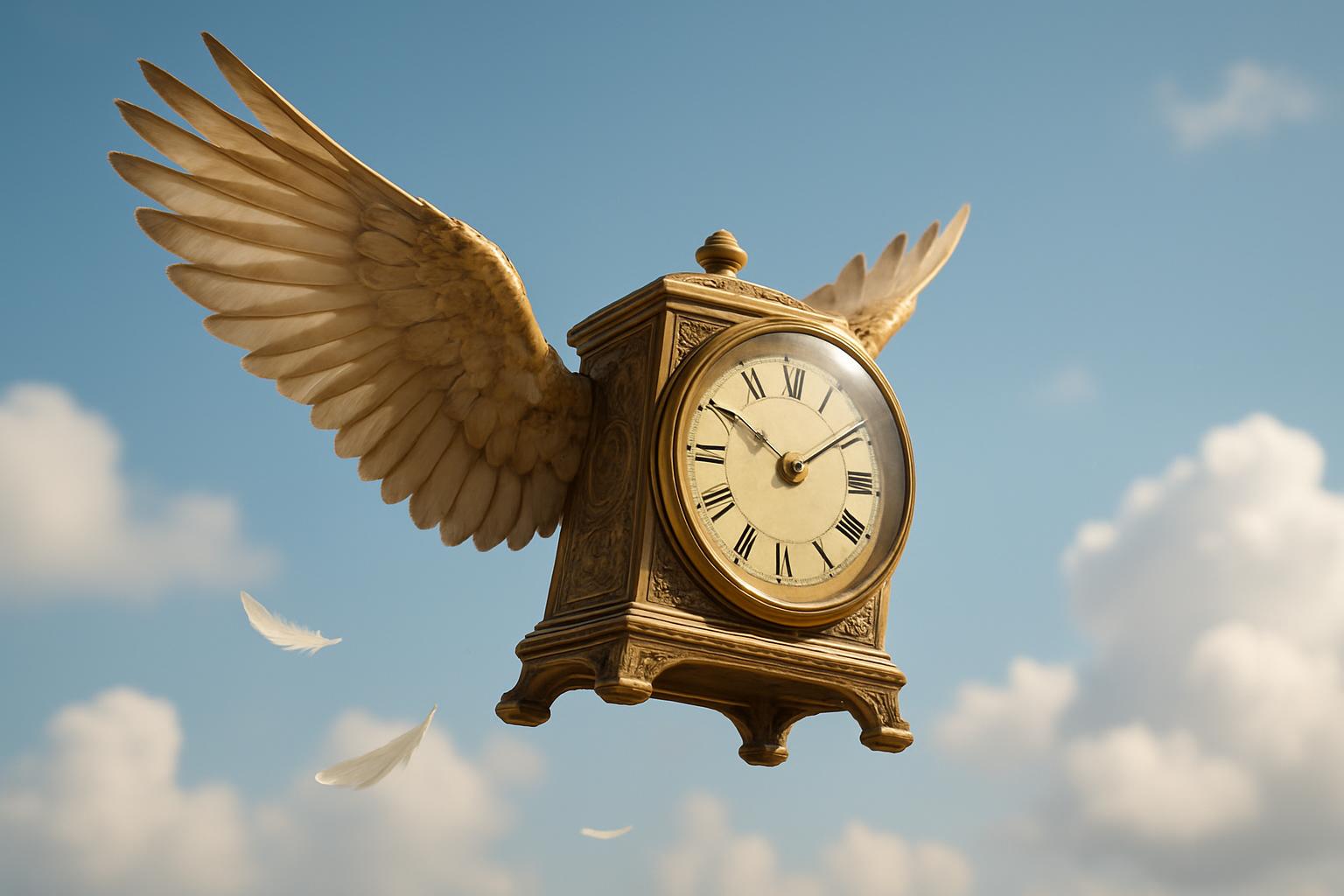 A majestic antique clock with outstretched feathered wings soars through a bright sky of cotton clouds, suggesting the fleeting nature of moments. Soft daylight filters through the atmosphere while delicate details of metal and plumage catch the light, evoking wistful wonder.