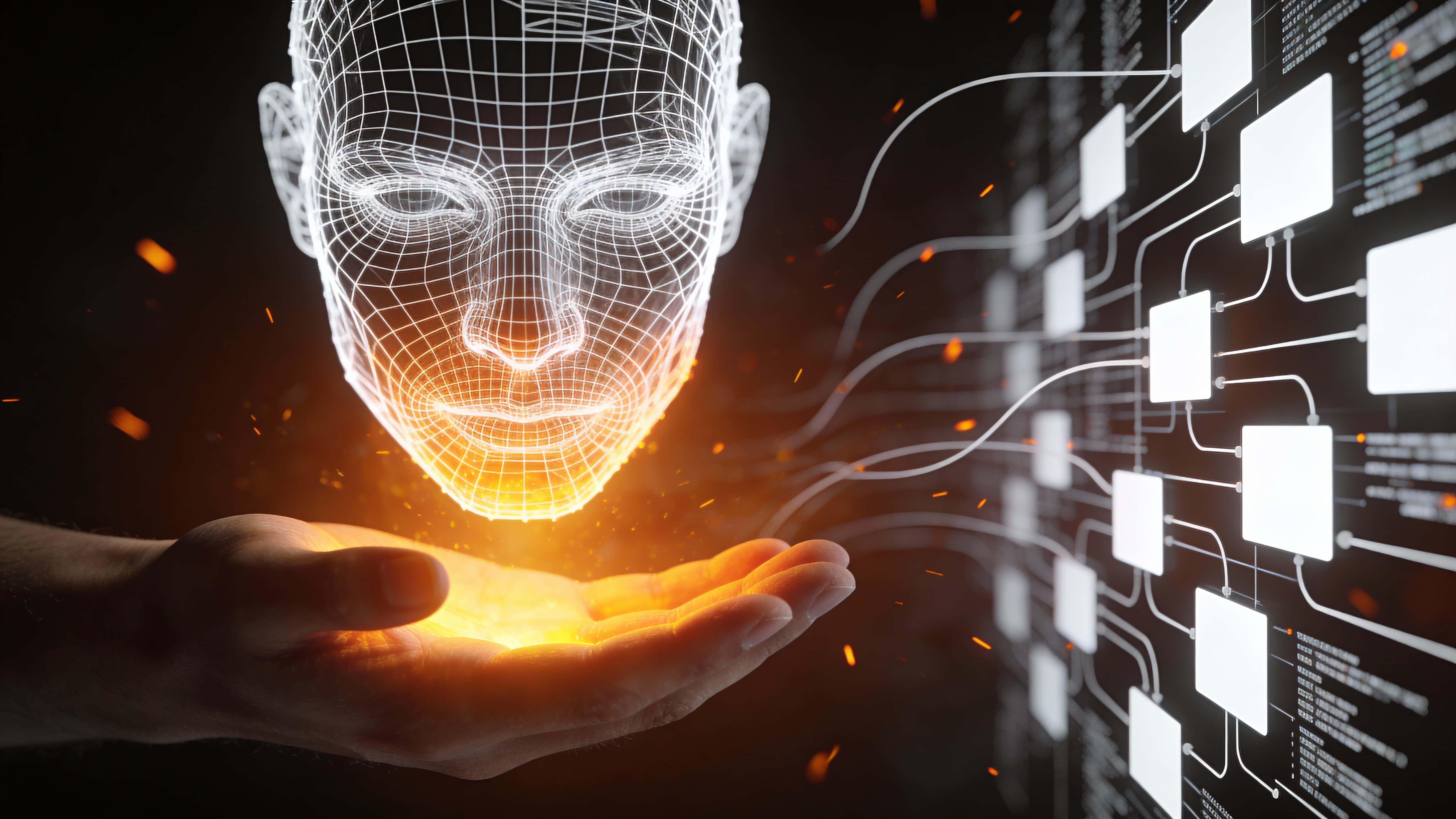 A futuristic half-human wireframe face floats above an open hand, its lower portion glowing intense amber from the palm while rectangular data blocks branch right and drifting embers add motion.