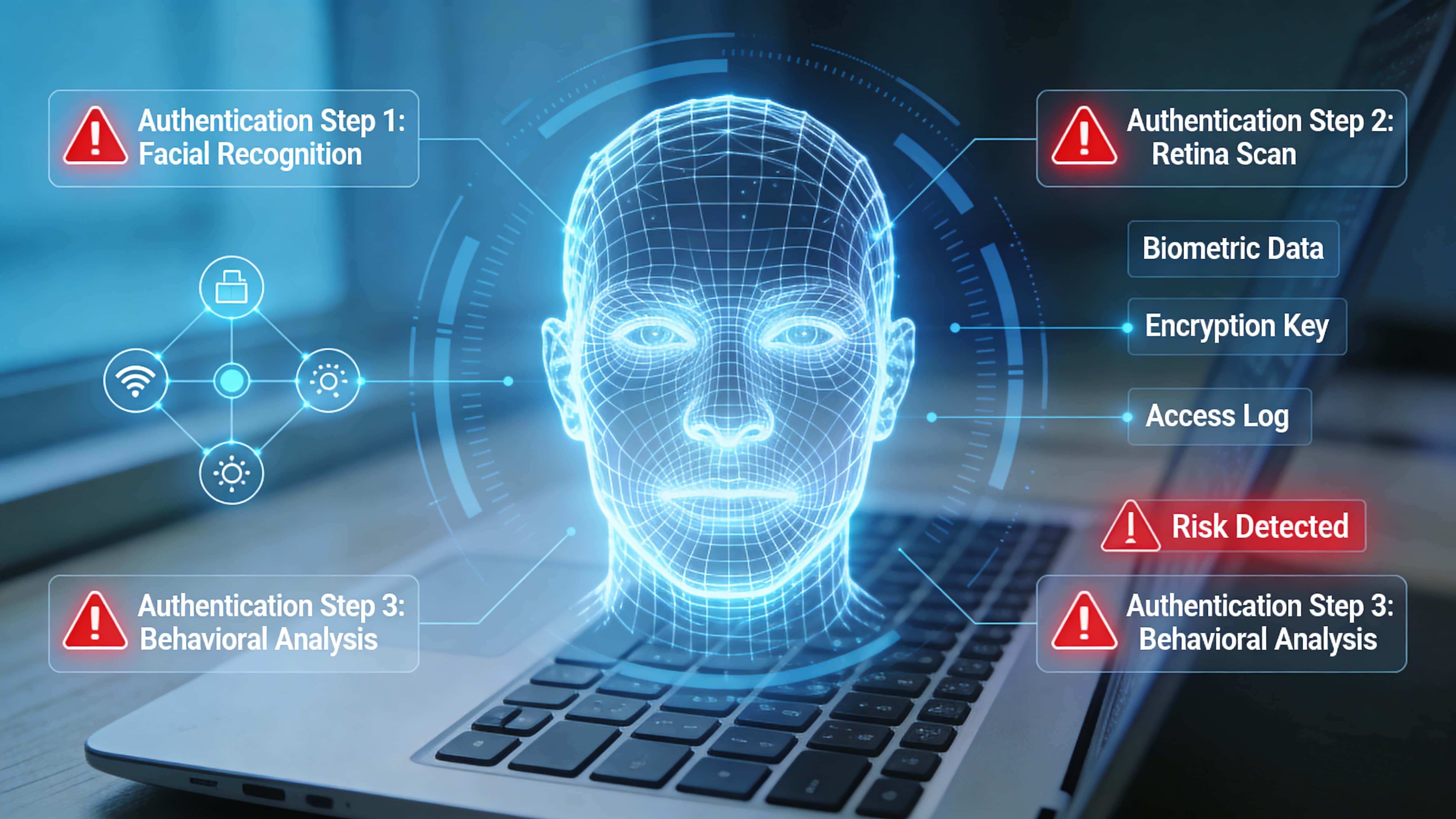 A glowing wireframe head at center is rendered as a biometric scan surrounded by translucent UI elements, data nodes, and red alert symbols above a partially visible laptop keyboard, presented in a clean 16:9 tech workspace composition.