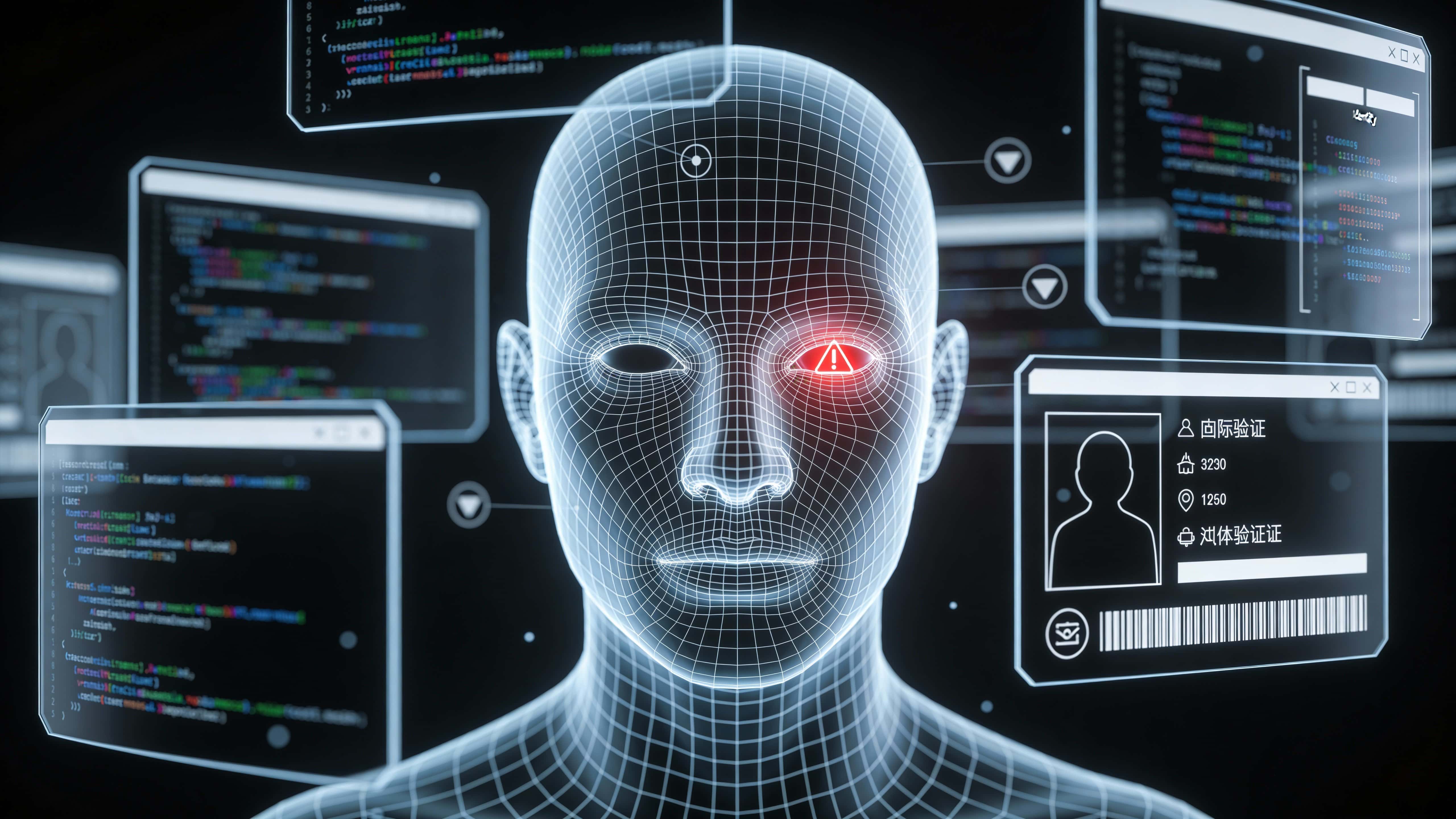 A high-tech 16:9 illustration showing a luminous wireframe head surrounded by floating panels of abstract code, data markers, and verification icons with a pulsing red alert.