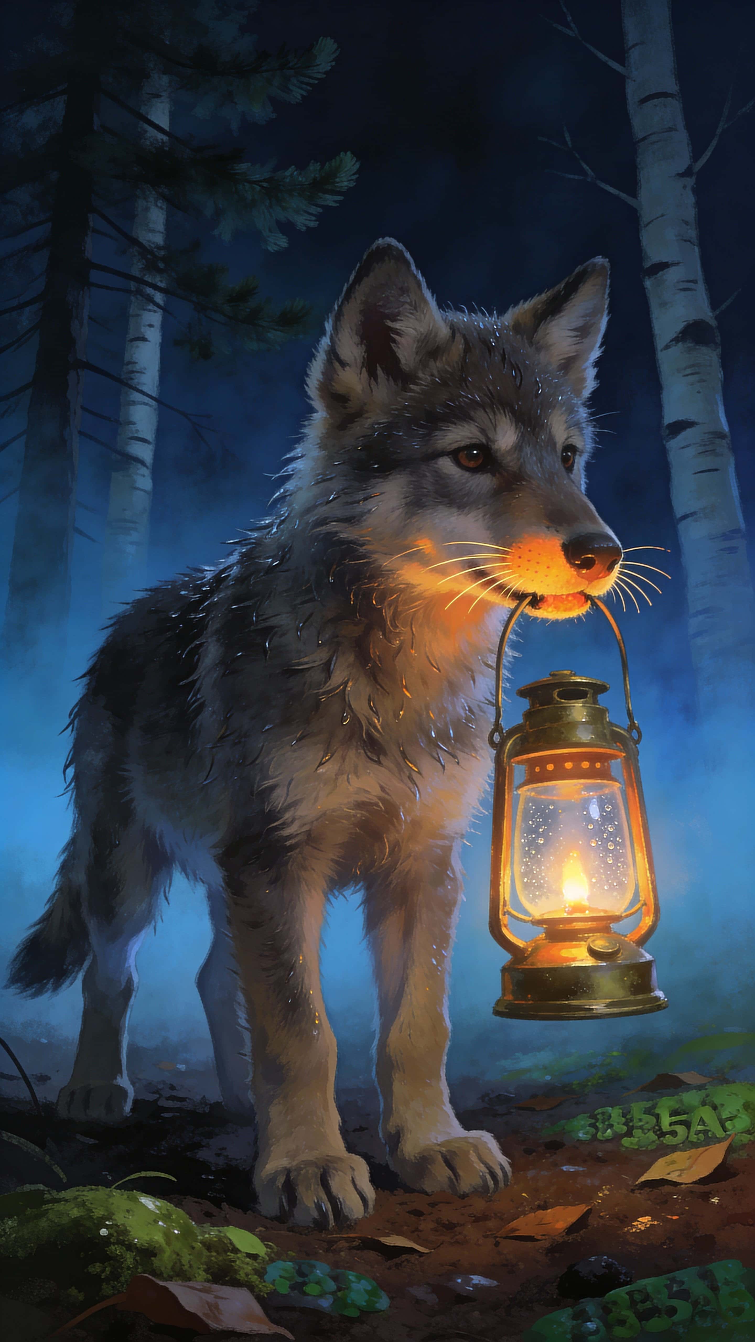 Photorealistic vertical portrait of a wolf pup holding a tiny lantern in its teeth, warm glow sculpting its muzzle against cool blue fog and silhouetted trees for a quiet night mood.