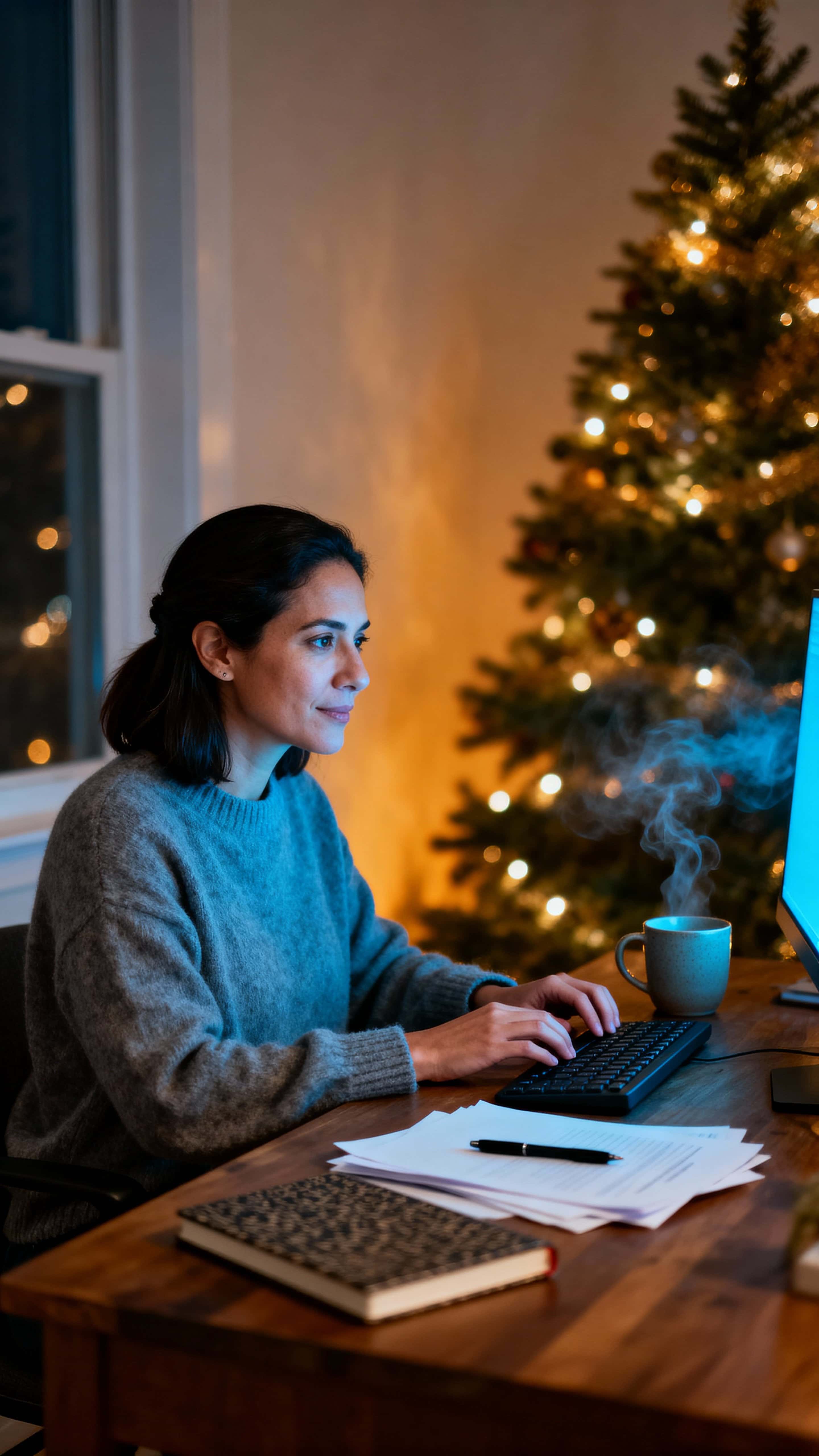 Photorealistic vertical scene of an adult woman working at her computer late evening, cool monitor light on her face contrasted with a warm, glowing Christmas tree nearby.