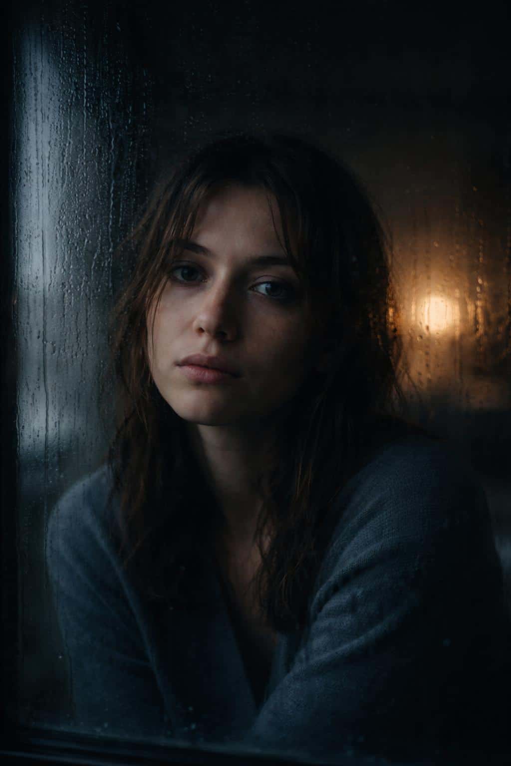 Cinematic 2:3 vertical portrait of a late-20s woman seated against a rain-streaked window, eyes reflective and restrained, cool storm light with soft warm bokeh.