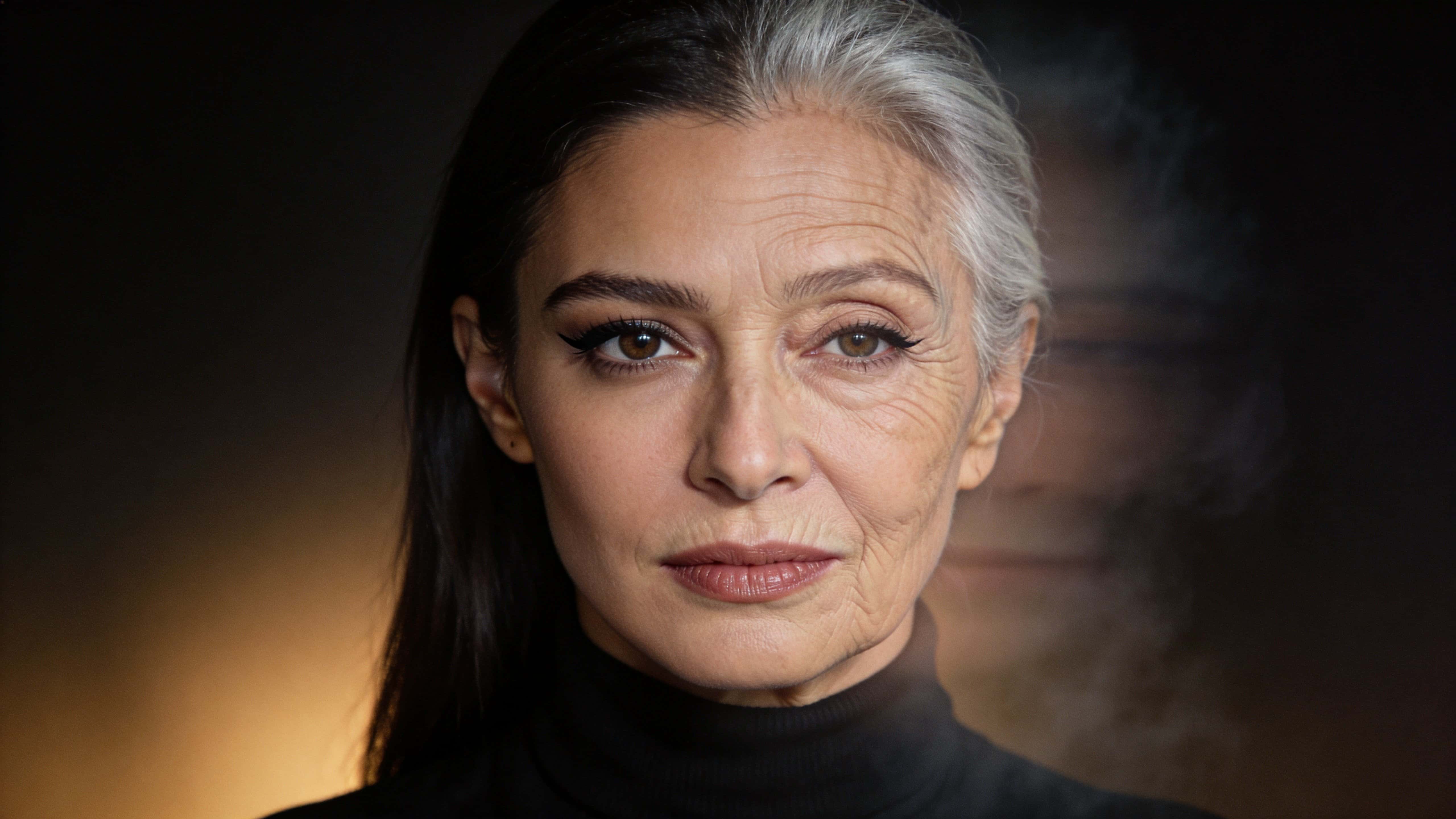 Wide 16:9 editorial portrait of a woman morphing from late-20s to late-70s across her face, left-centered subject in a matte black turtleneck with minimal haze.