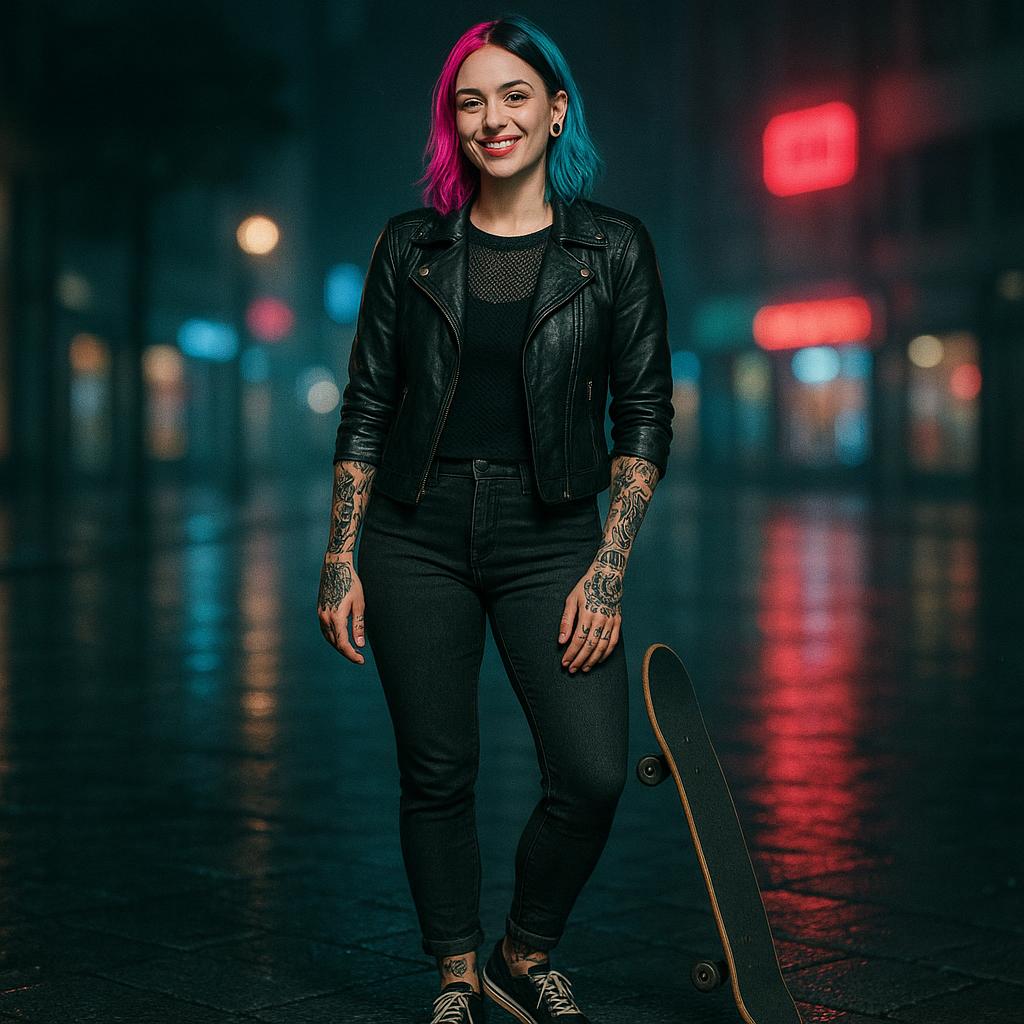 Full-body portrait of a smiling alternative-lifestyle woman with neon-colored hair, rose lips and visible black-ink tattoos set against a moody urban night backdrop with a single prop skateboard.