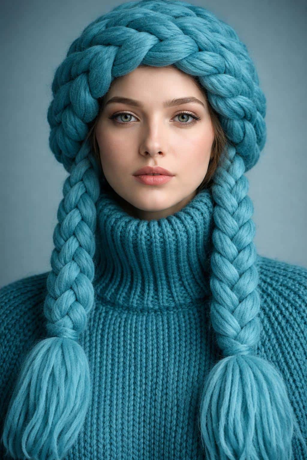 Close-framed portrait of a woman wearing an oversized braided turquoise wool hat and matching ribbed sweater, photographed in studio with soft frontal lighting.