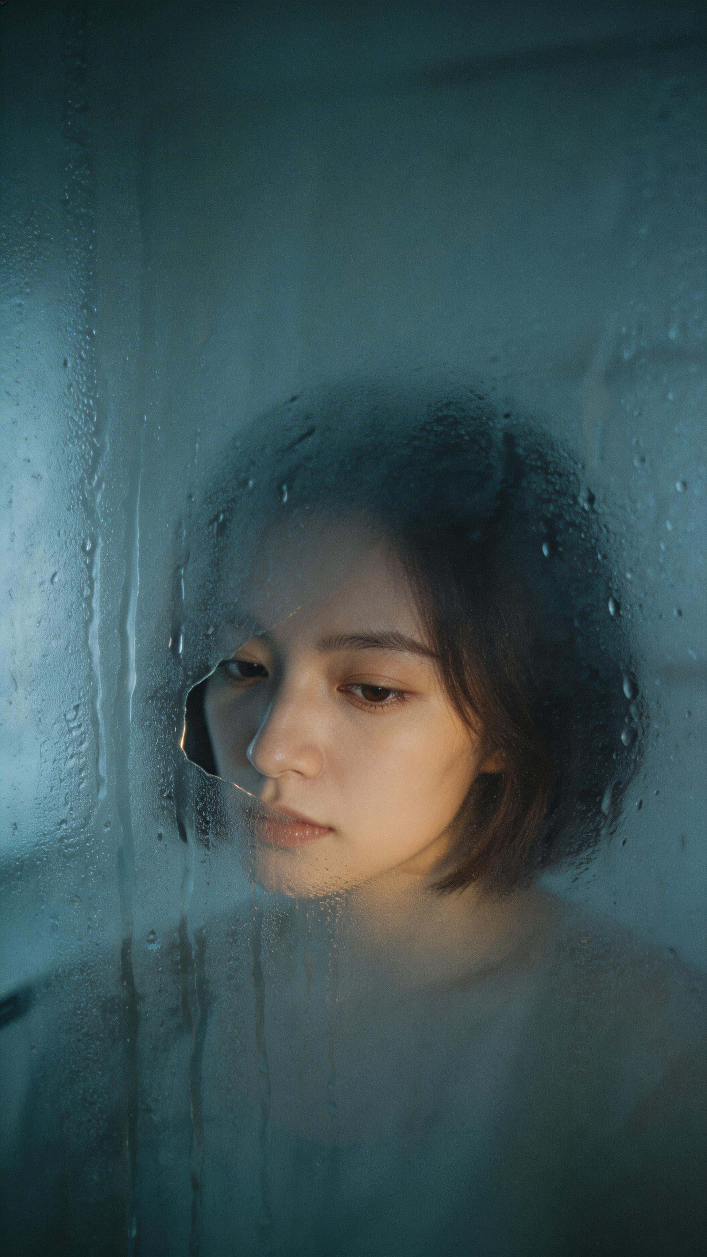 Intimate vertical editorial portrait through fogged bathroom glass revealing one eye, cheek and nose curve in soft cool light with a faint warm edge highlight.