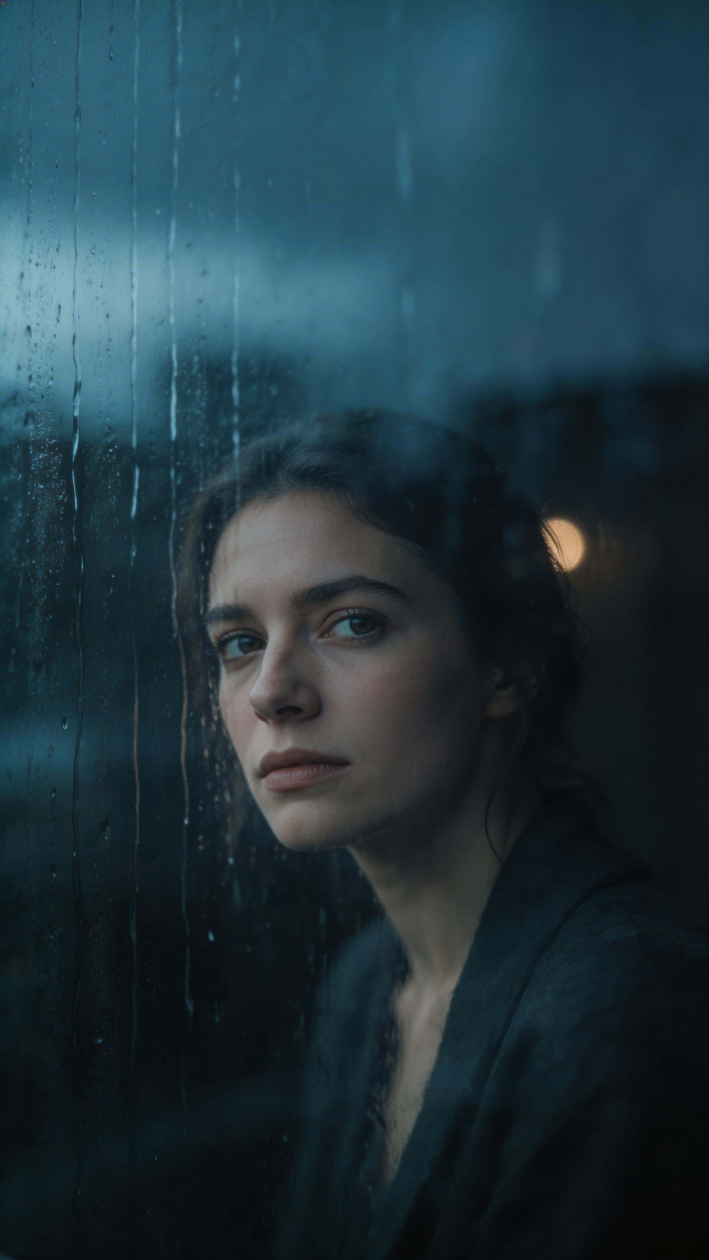 9:16 cinematic vertical portrait of a late‑20s woman seen through a rain‑streaked window, lower‑middle framing, cool storm light with a warm bokeh accent, intimate mood.