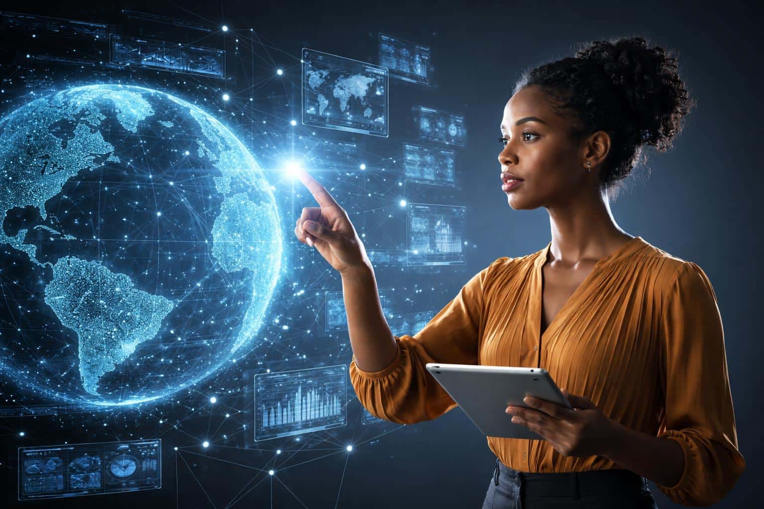 A professional 3D render of a woman navigating a complex holographic globe and floating data interfaces for a futuristic technology banner or background.