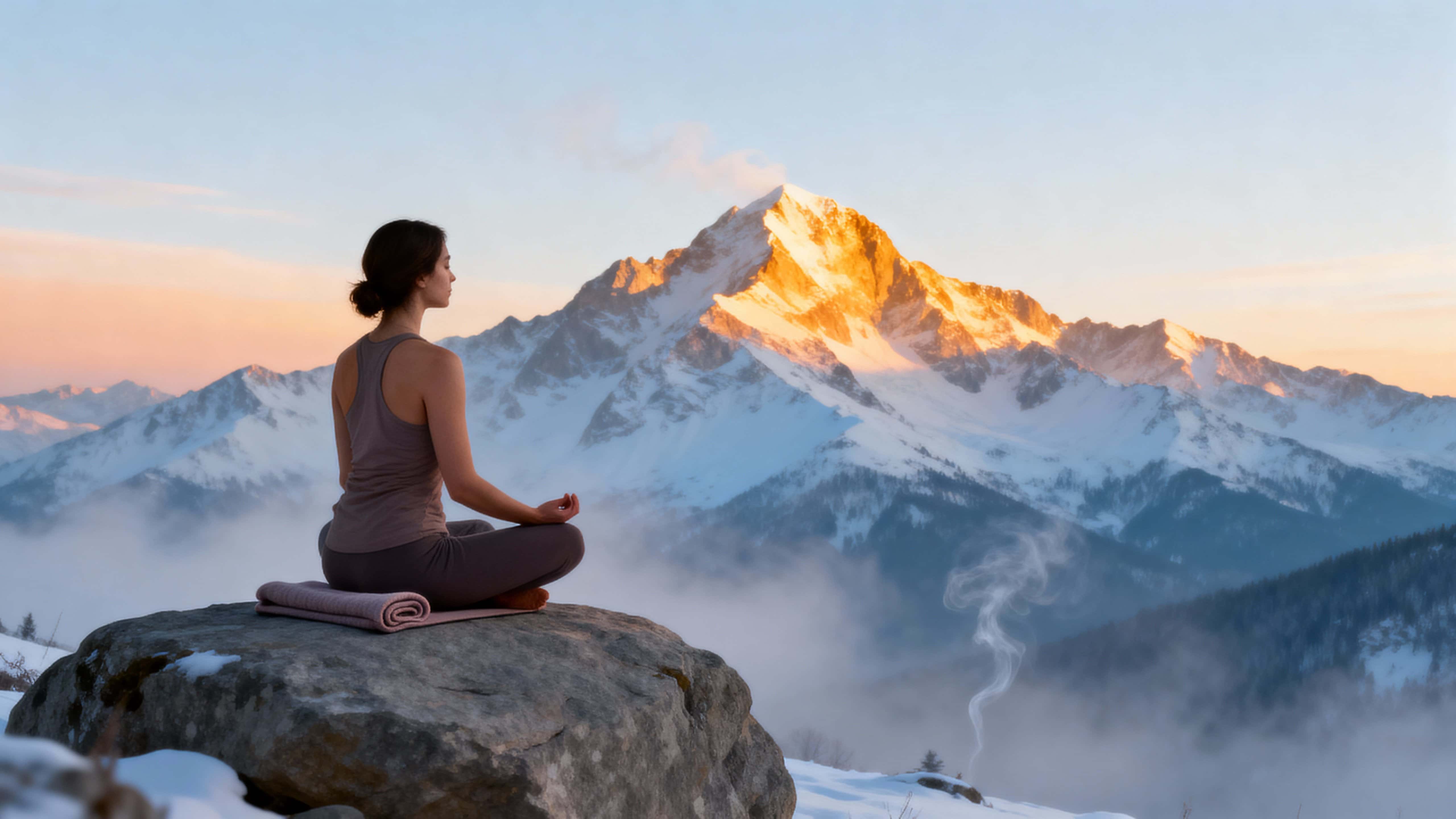A woman sits cross-legged on a rocky outcrop facing snow-capped peaks at golden sunrise, breath visible in misty cold, with cinematic photoreal clarity conveying peaceful, spiritual calm.