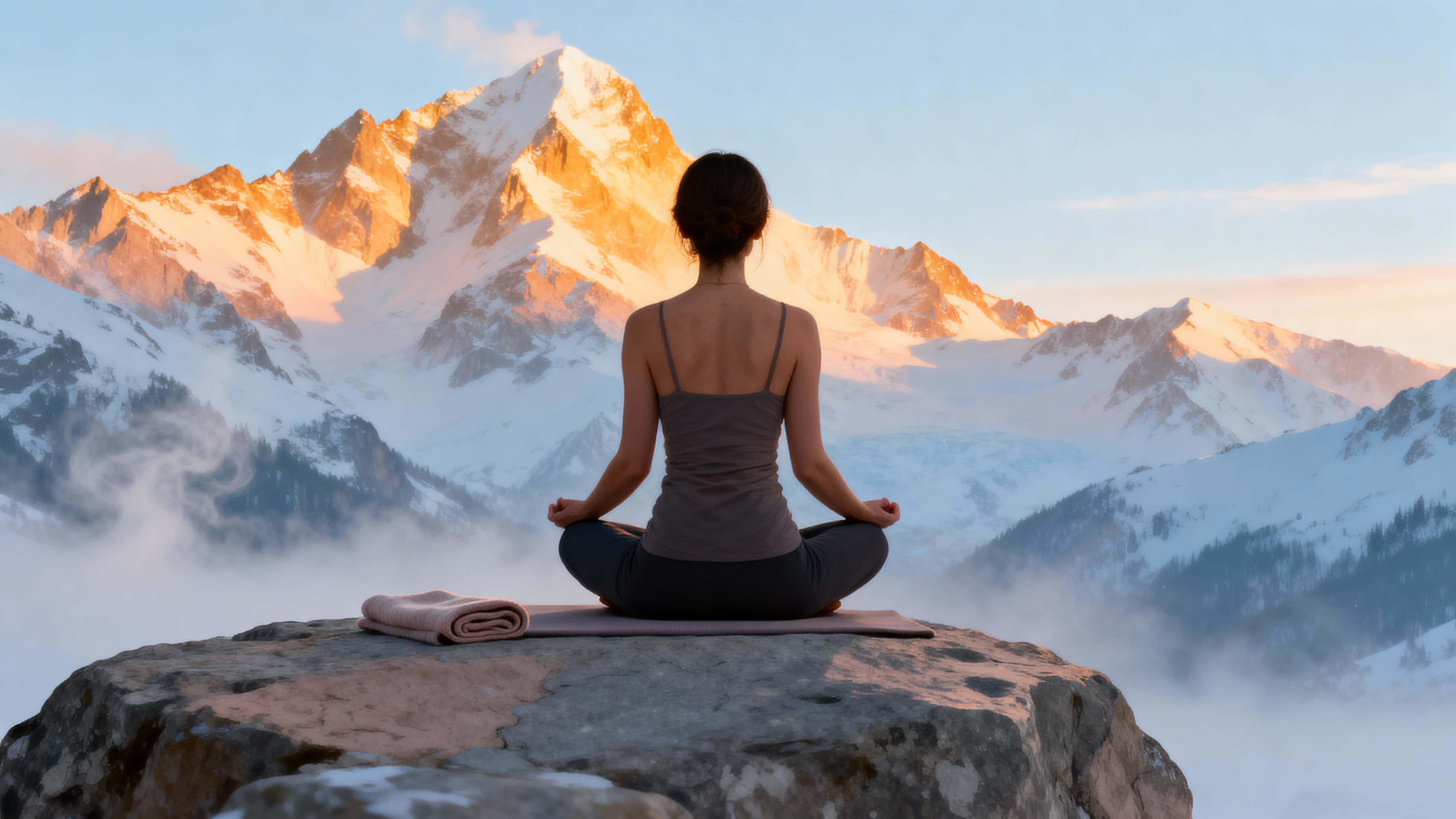A woman sits cross-legged on a rocky outcrop facing snow-capped peaks at golden sunrise, breath visible in misty cold, with cinematic photoreal clarity conveying peaceful, spiritual calm.
