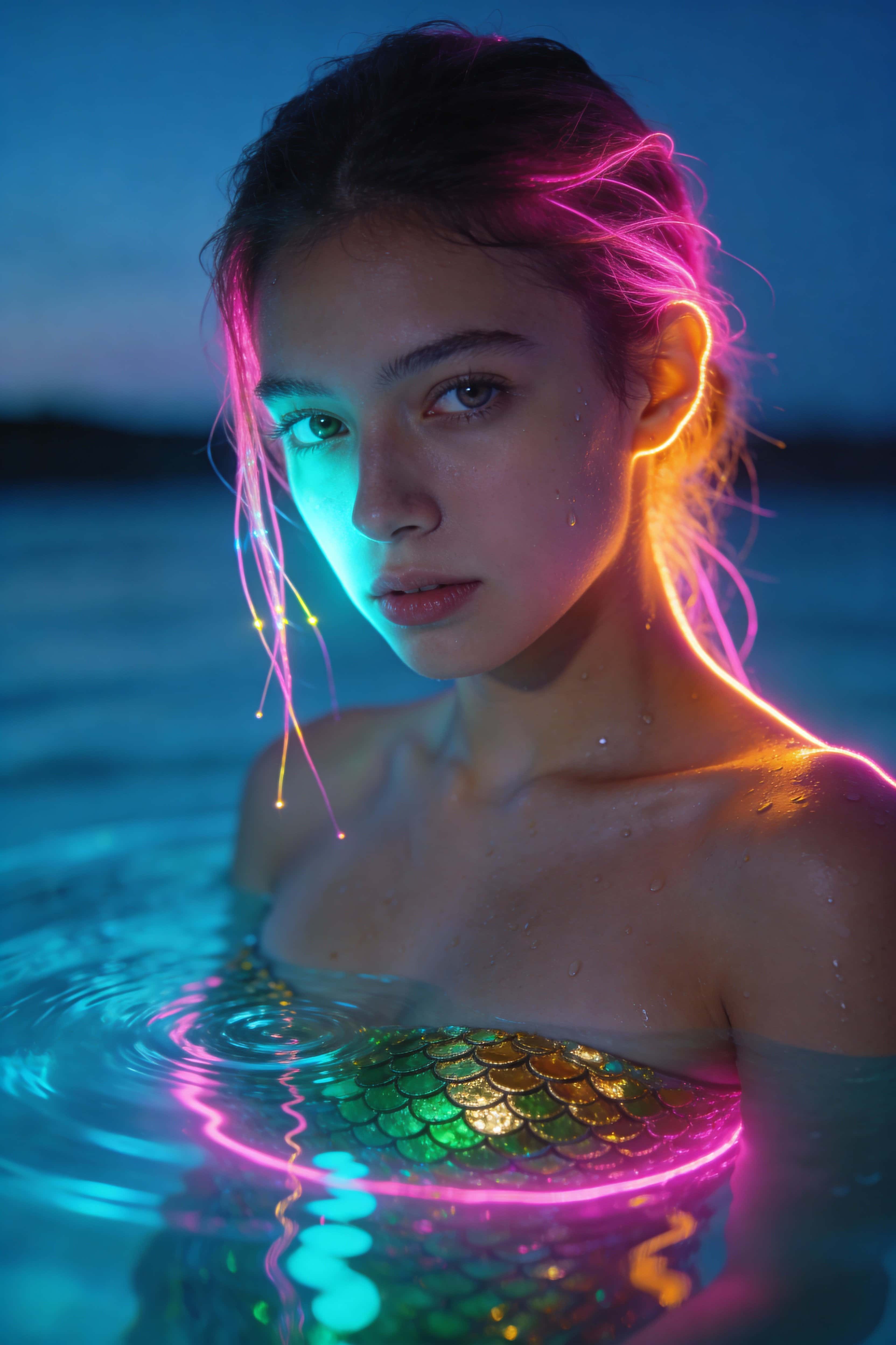 Close-up portrait of a young woman rising from a neon-lit pool, photographed in portrait style with dramatic cyan and magenta rim lighting for poster use.