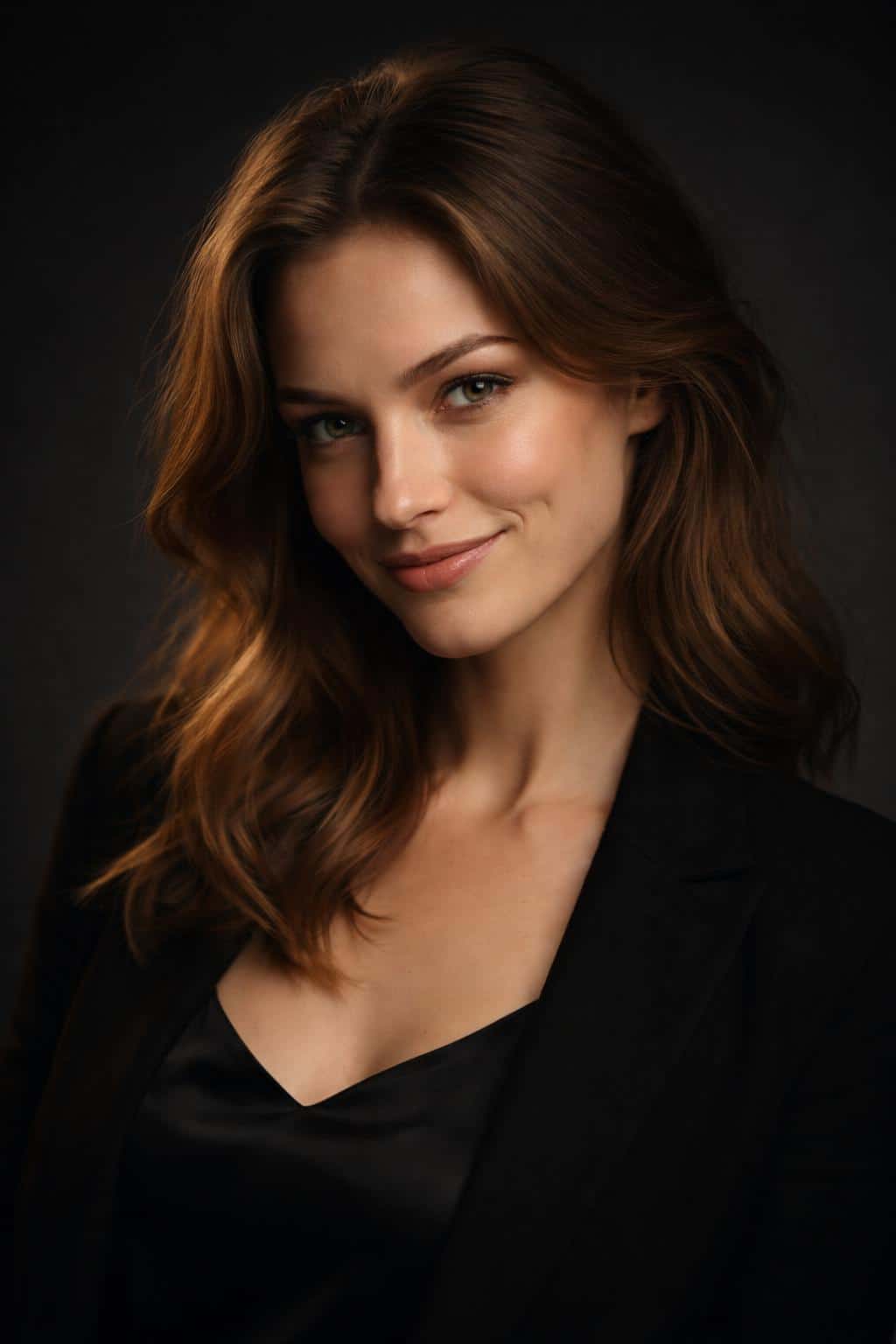 Cinematic 2:3 vertical studio portrait of a fair-skinned woman in her early 30s, tight upper-chest-to-head crop with a playful smirk and tilted head against a near-black gradient backdrop, lit by soft key light with subtle rim.