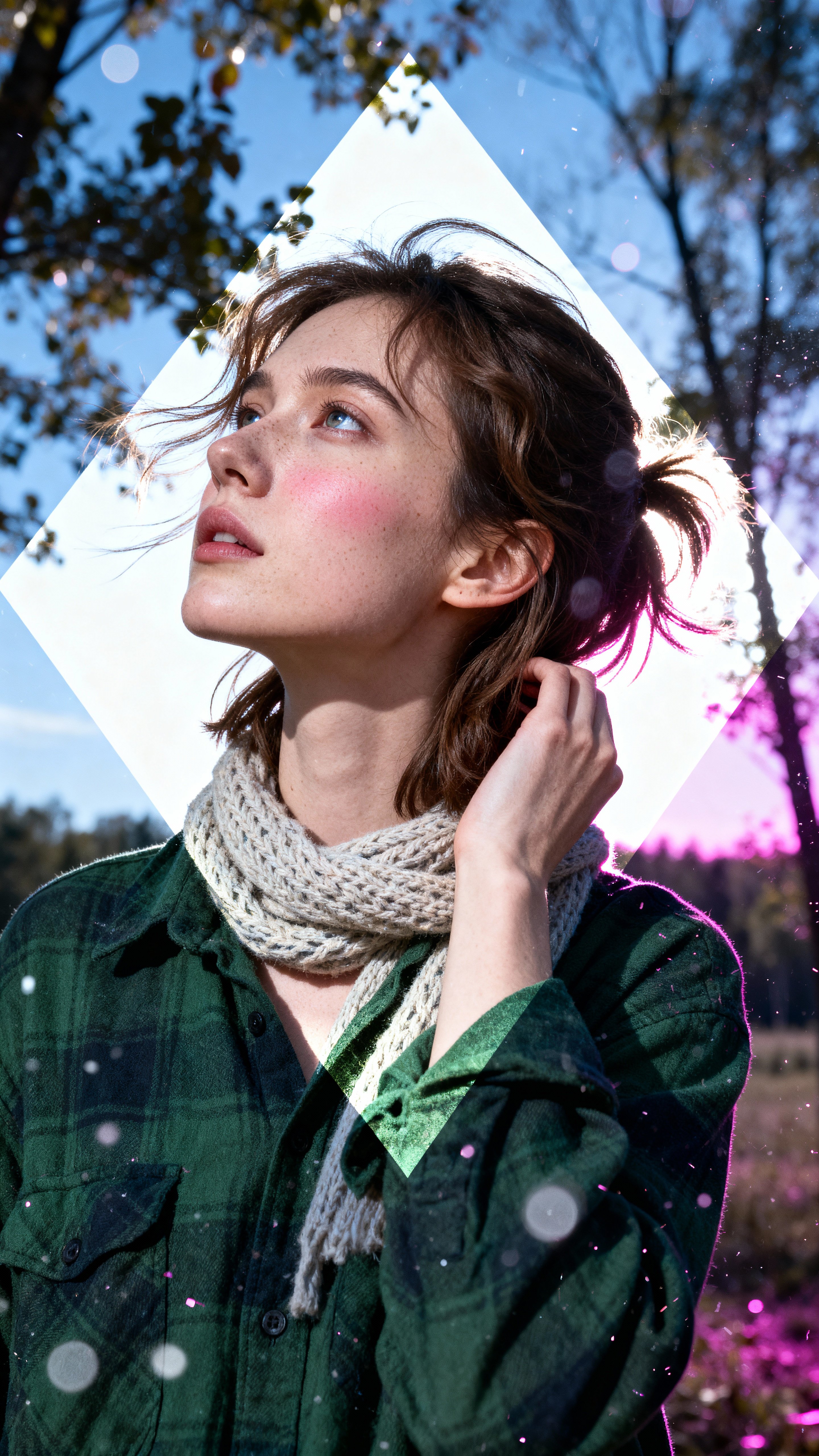 Candid vintage-style portrait of a strikingly natural woman in cool winter tones, upper torso framed, double-exposed with glowing bokeh and heavy film grain.