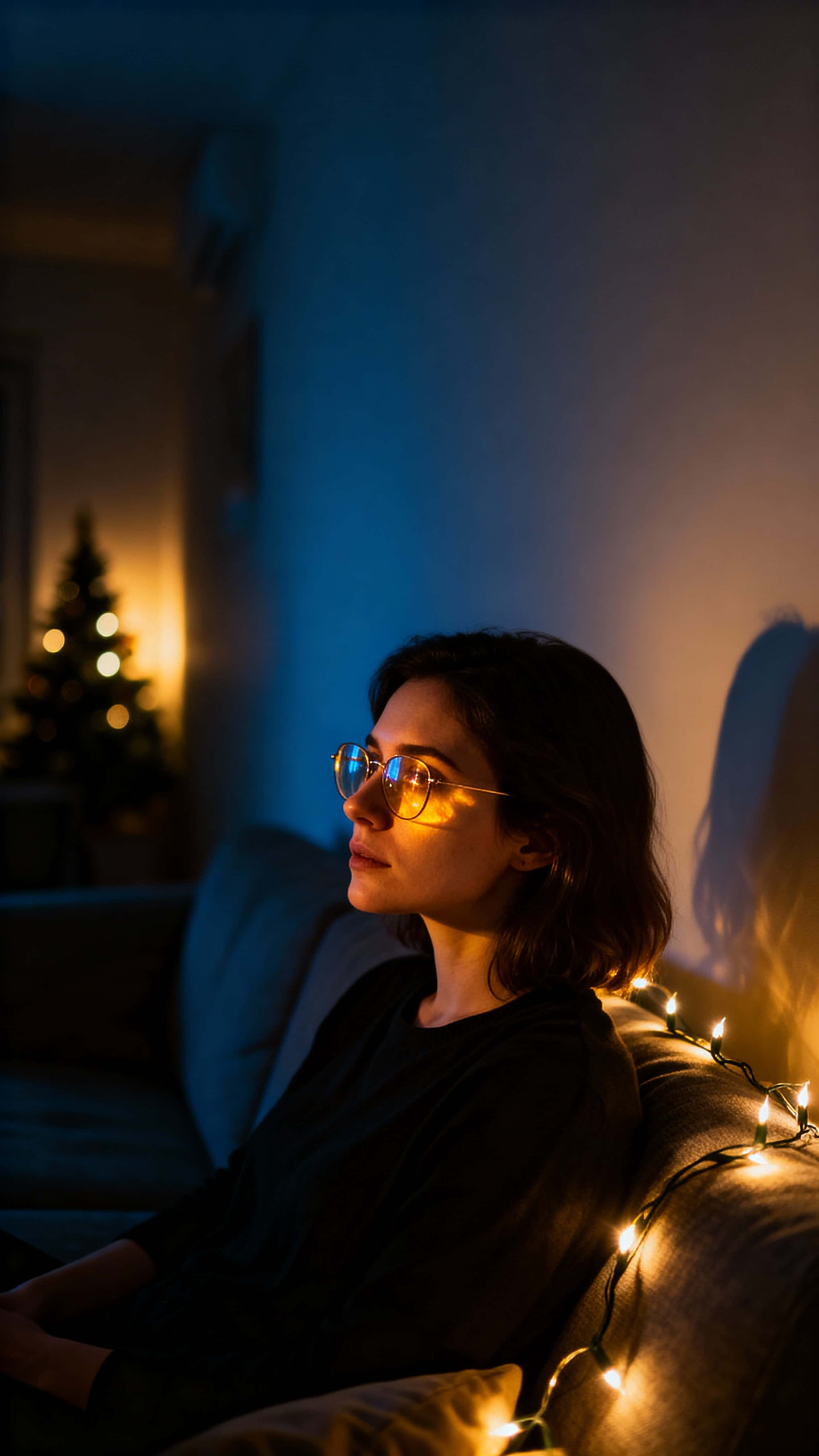 A woman sits alone on a couch at night, bathed in warm fairy-light reflections on her glasses and face, with dim room shadows and a distant Christmas-tree glow.