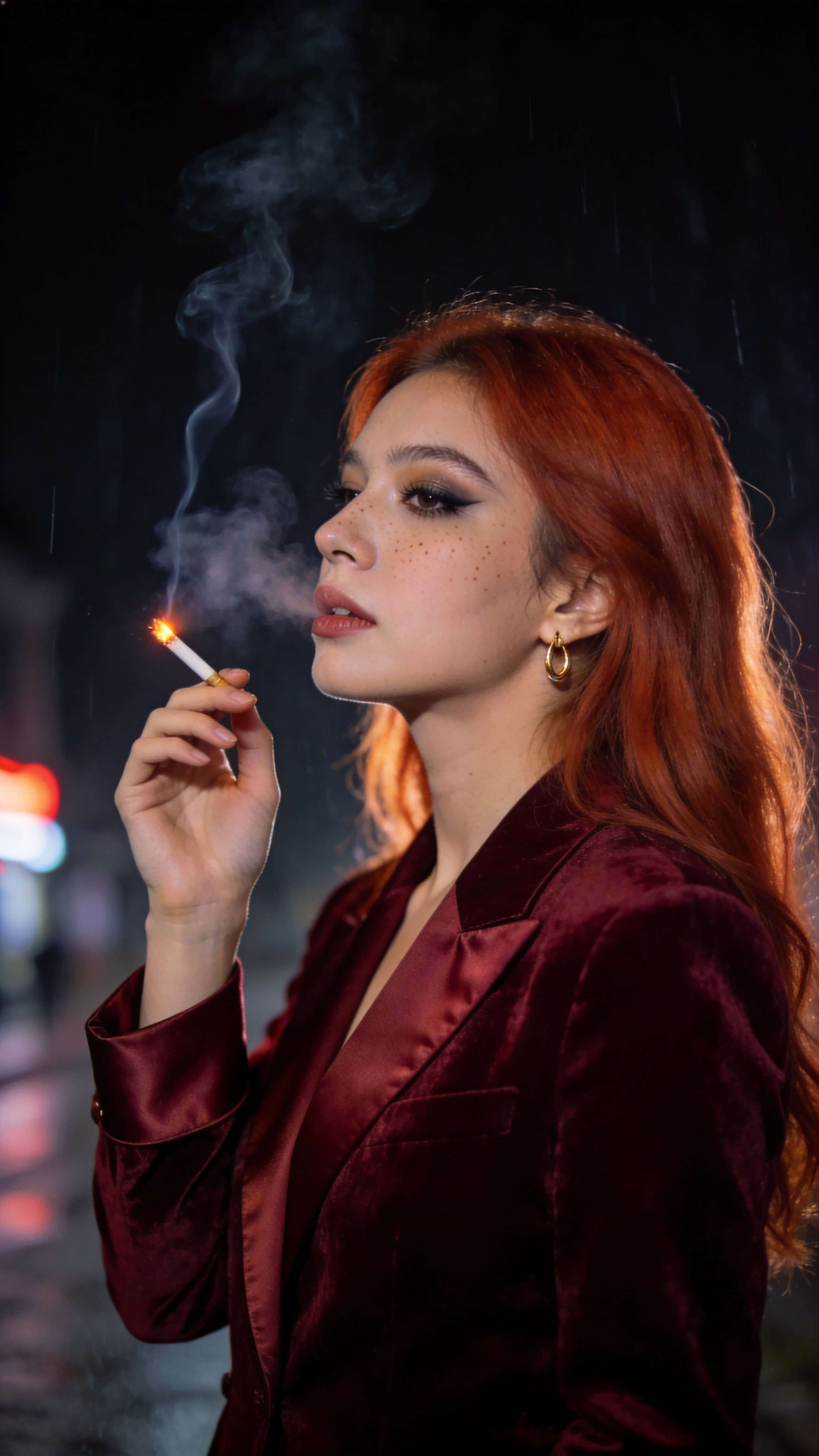 Vertical 9:16 portrait of a mid-20s woman with copper-red hair and freckles, lower-middle framed as she exhales a plume of smoke into a clean top third over a blurred neon night.