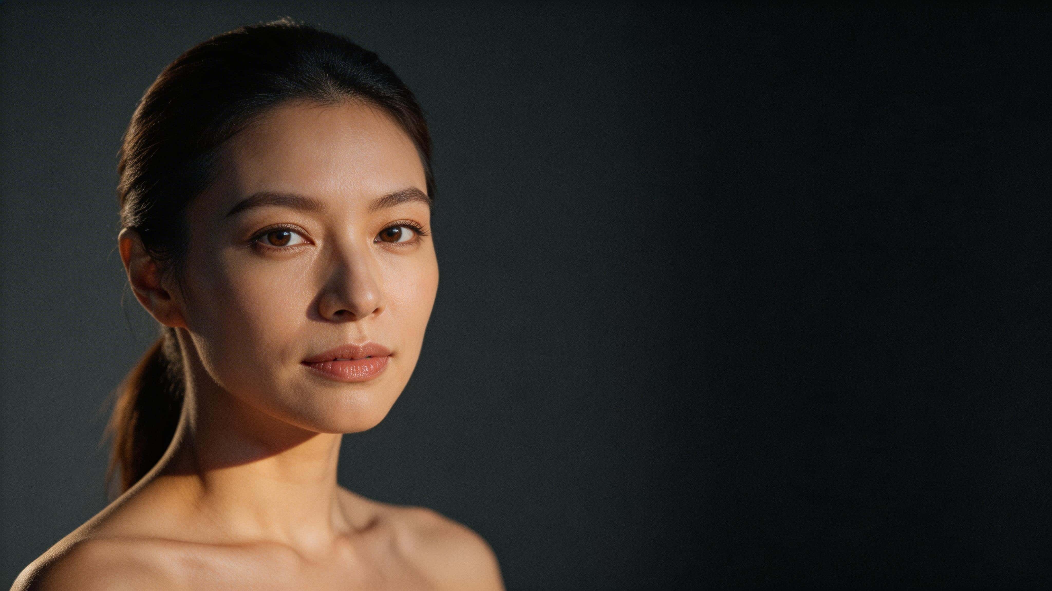 Widescreen 16:9 studio portrait of an early-30s woman looking calmly into camera, head-and-shoulders framed with dark negative space to the right for wallpaper use.