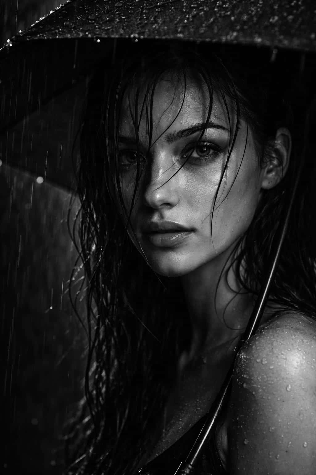 Close-up portrait of a woman beneath an umbrella in high-contrast black-and-white photography, composed for a vertical 2:3 poster-cover with dramatic rain and mood.
