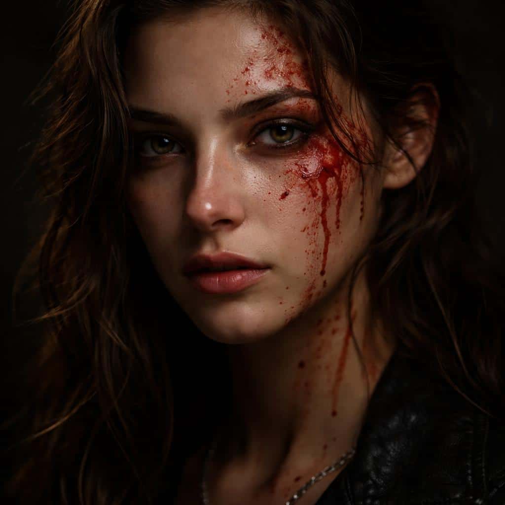Cinematic 16:9 portrait of a woman with subtle blood-splatter makeup, moody low-key lighting, realistic skin texture, shallow depth of field, and a dark background.