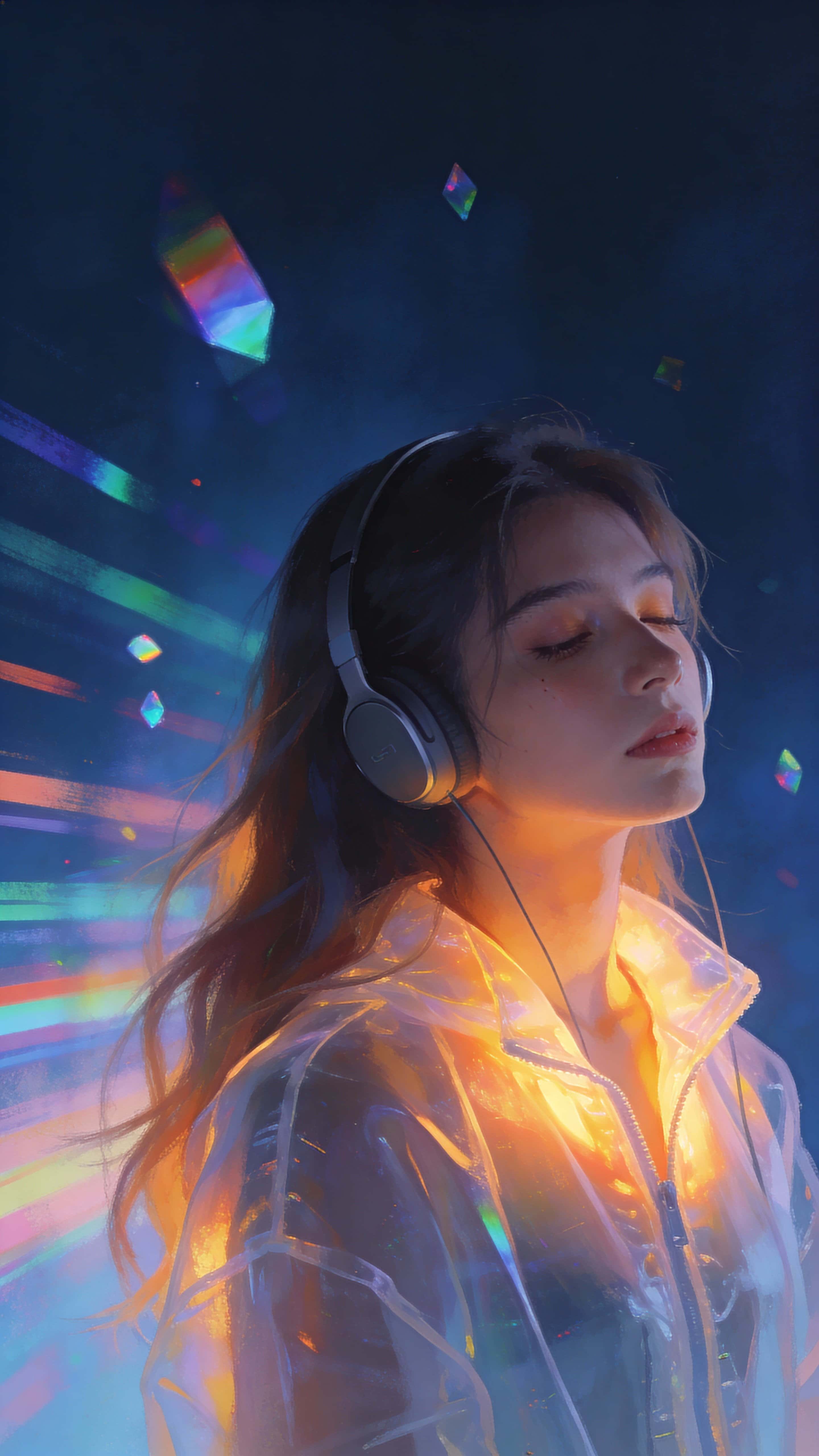 A woman with long flowing hair and wireless headphones stands right of center in a 9:16 dreamspace, her semi-transparent jacket glowing warmly amid multicolored light streaks and dark blue prism reflections, eyes half-closed in nostalgic, p