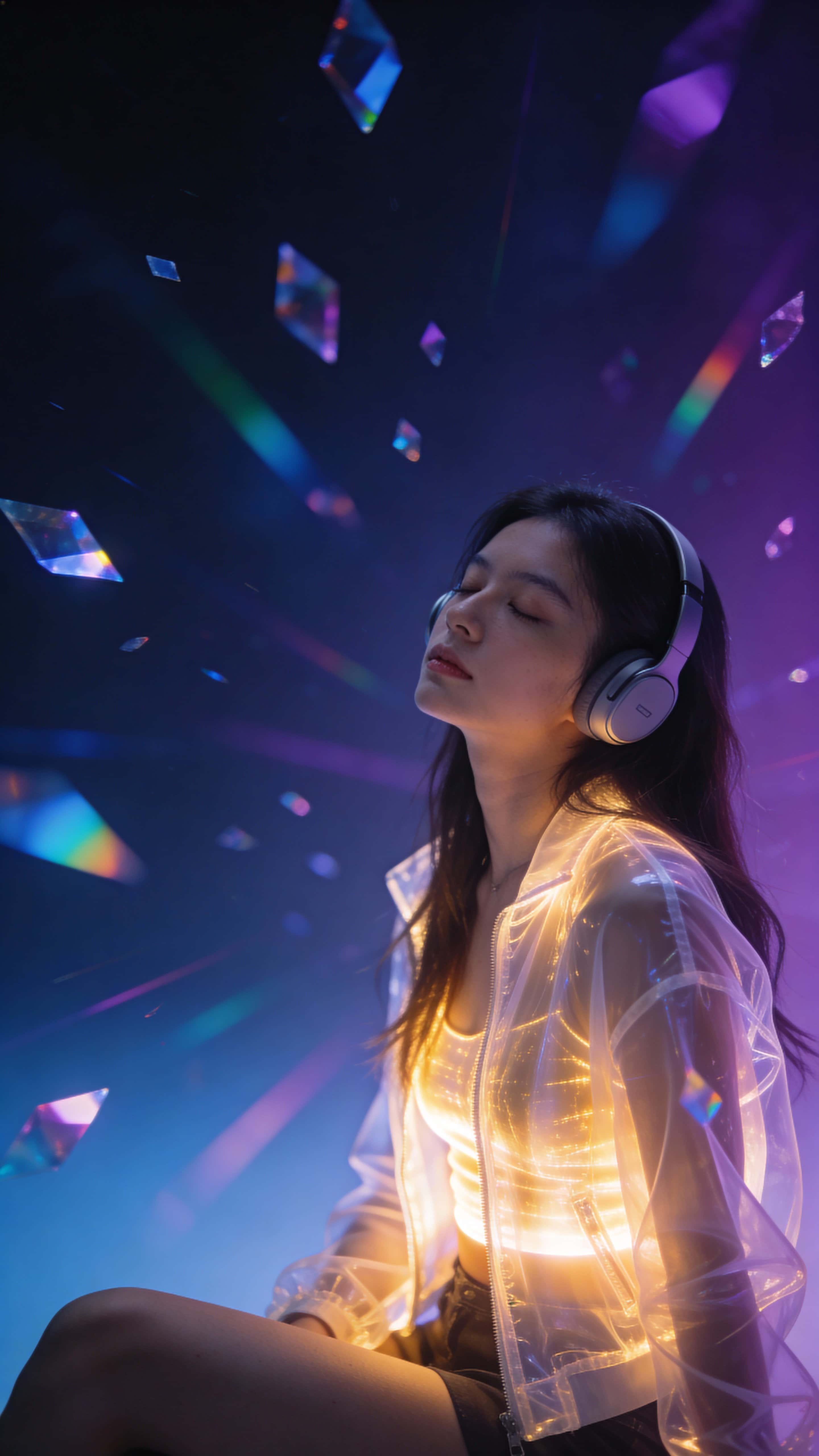 A stylish woman with long hair and wireless headphones sits on the right of a 9:16 frame against a dark futuristic backdrop of multicolored light streaks and prism-like reflections, wearing a semi-transparent jacket glowing softly with warm