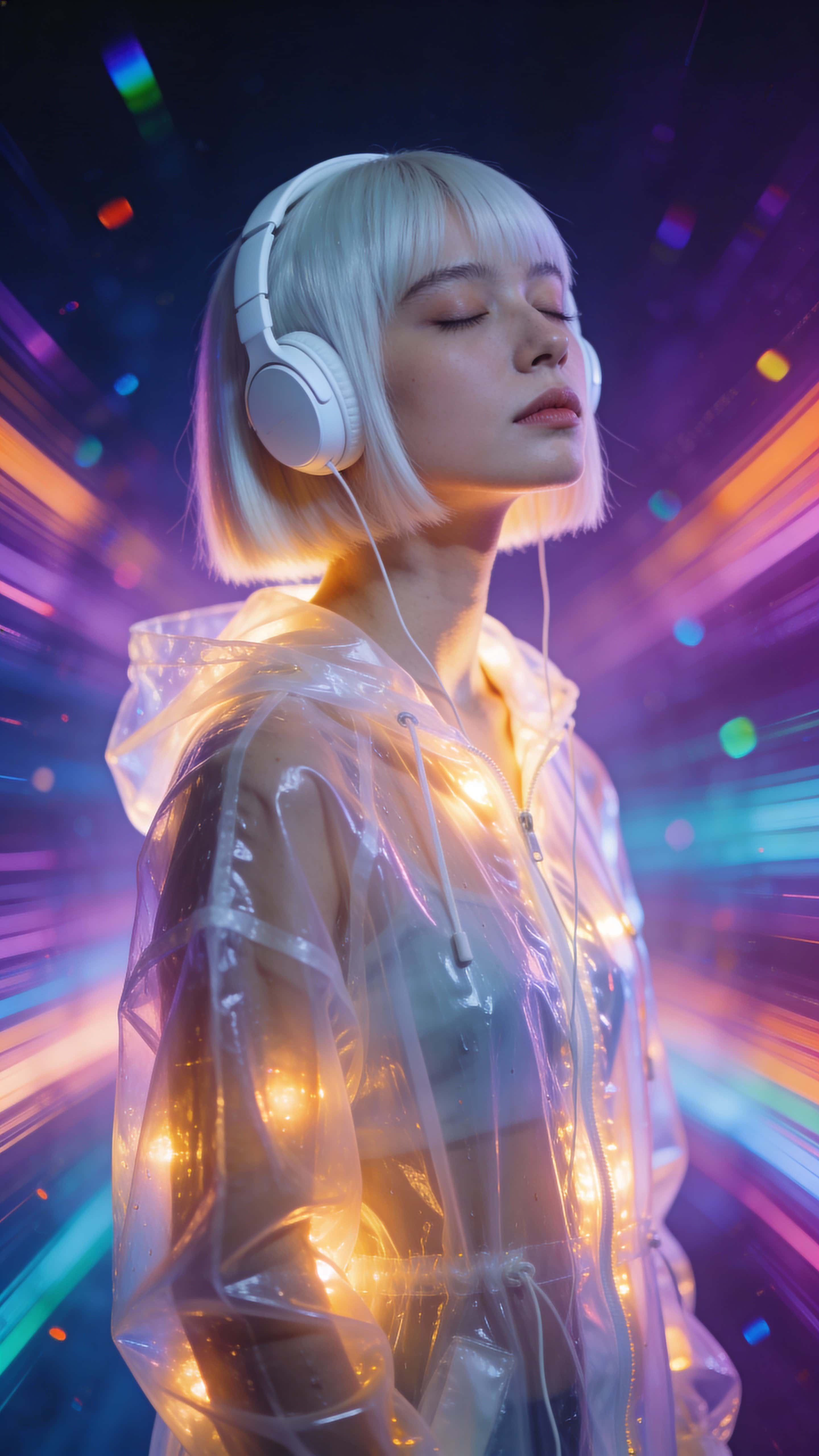 A centered woman with a sleek platinum bob stands in a dreamy vertical neon scene (9:16) with multicolored light streaks, a translucent glowing rain jacket, closed eyes and relaxed posture to music.
