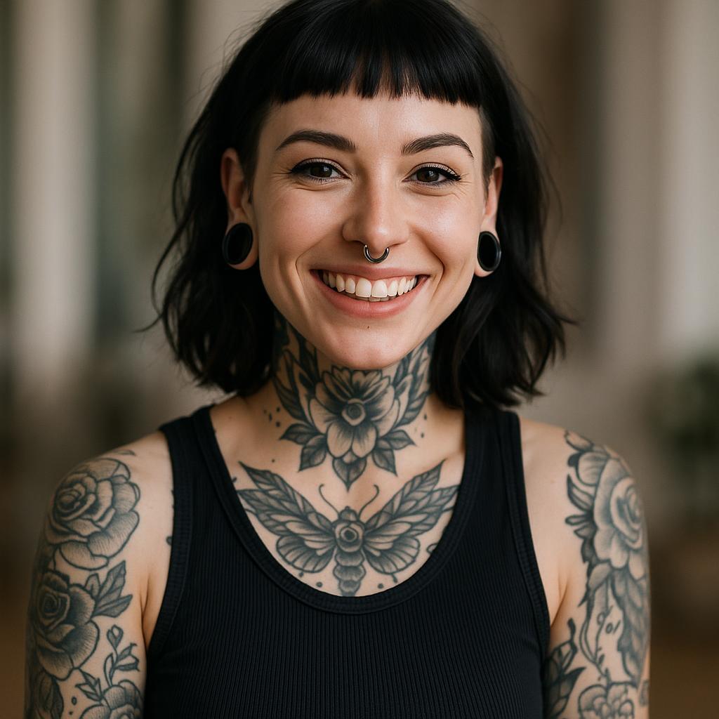 Close-up portrait photo of a tattooed alternative-lifestyle woman smiling warmly, teal hair and rose lips against a soft beige background with visible black-ink tattoos and gold accents.