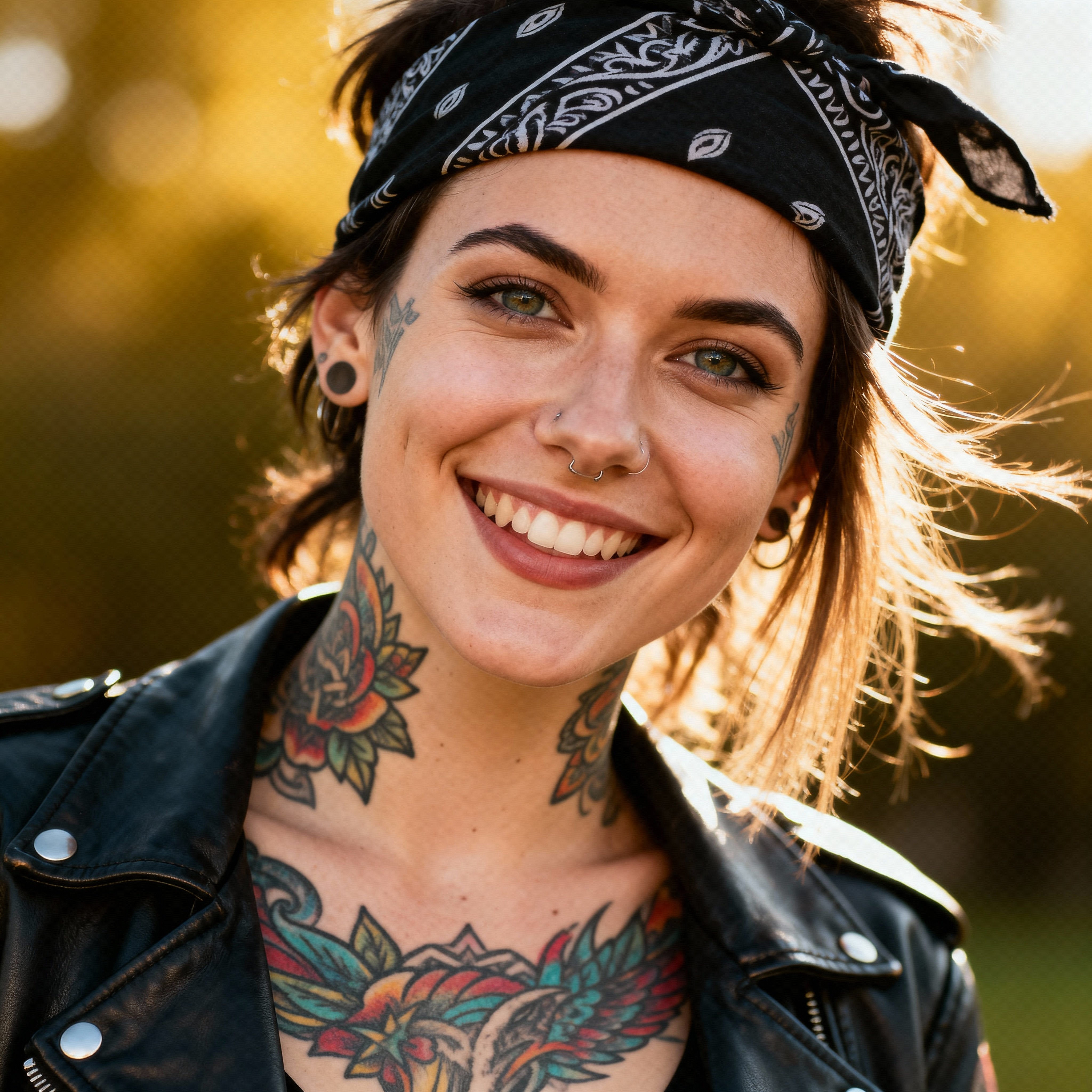 Close-up portrait photo of a tattooed alternative woman with a warm, genuine smile, sunlit skin tones and inked floral and geometric sleeves accented by soft teal, coral and deep slate hues (#2a9d8f, #e76f51, #264653, #f4a261, #ffffff).