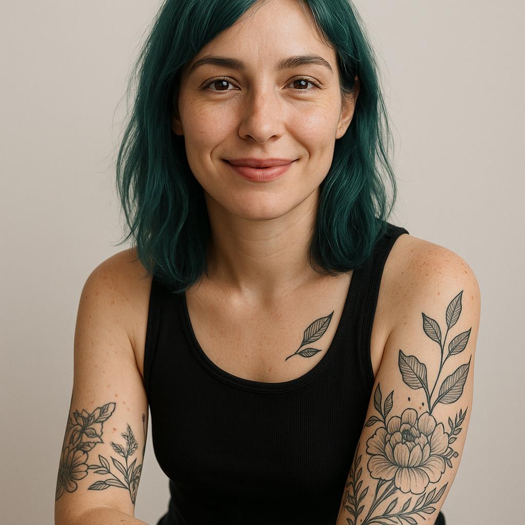 Half-body crop portrait of a smiling alternative-lifestyle woman with teal hair, rose lips and visible black-ink tattoos, radiating confident warmth against a neutral backdrop.