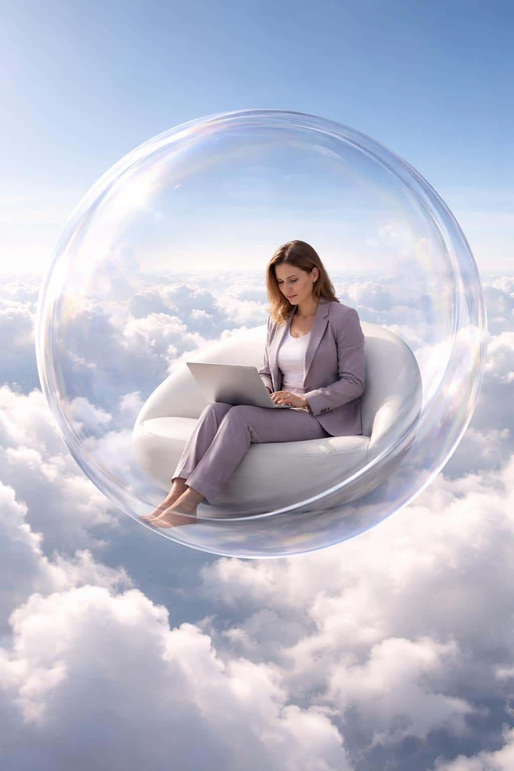 Photorealistic 3D render of a professional woman in a mauve suit working on a laptop inside a transparent spherical bubble floating above clouds.