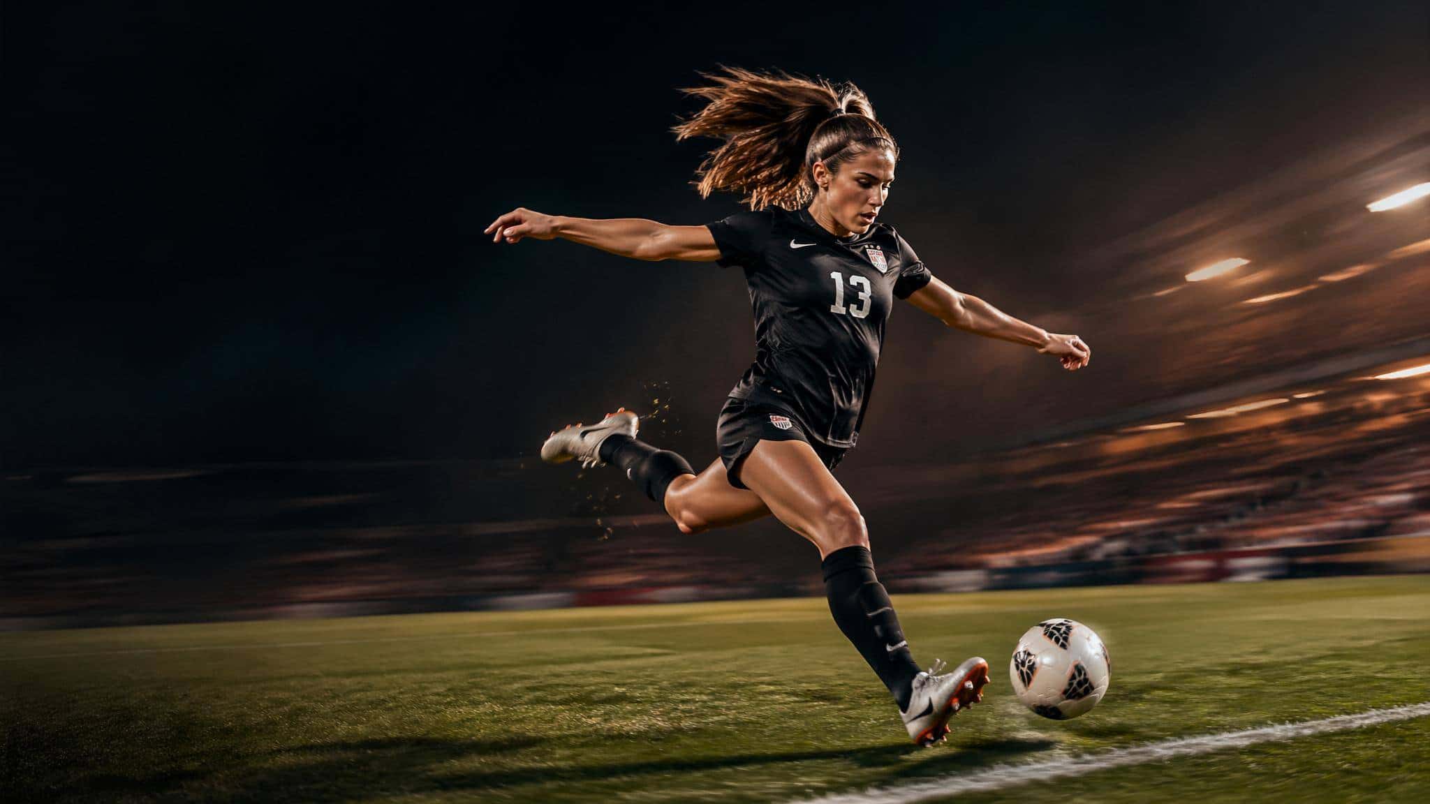 Dynamic women’s soccer player taking a powerful side-line kick, crisp mid-strike, stadium streaks, cool green shadows, warm amber rims.