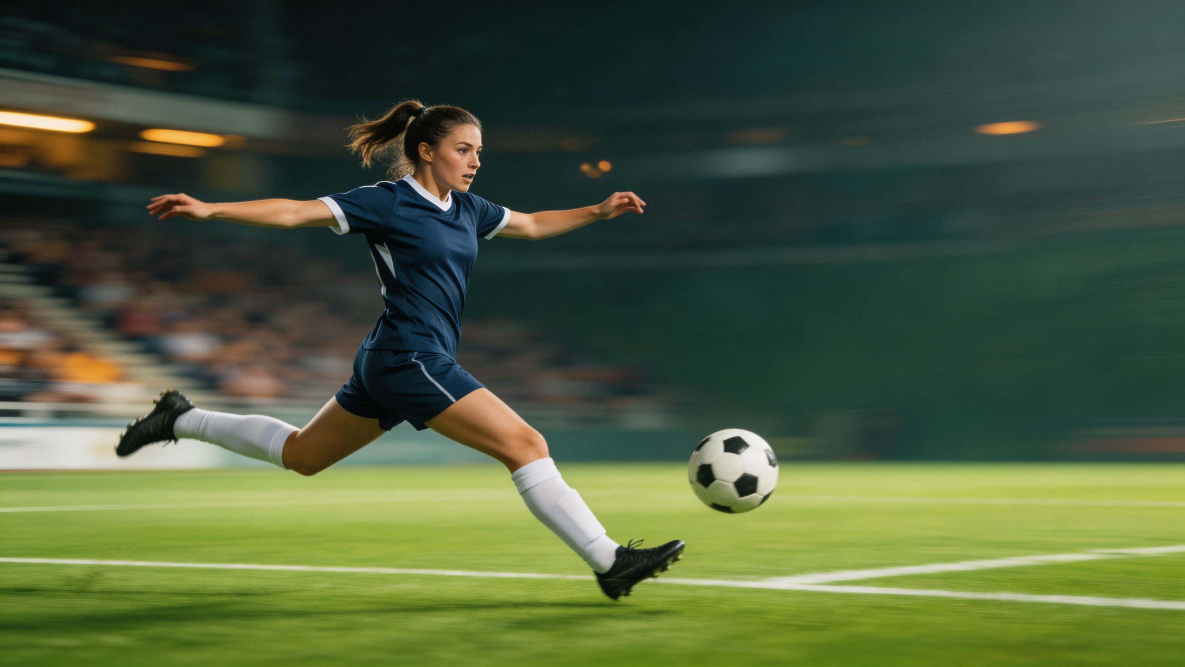 16:9 sports action shot of a young women's soccer player striking the ball in a powerful follow-through, crisp subject with tracking-pan motion and streaked stadium background.