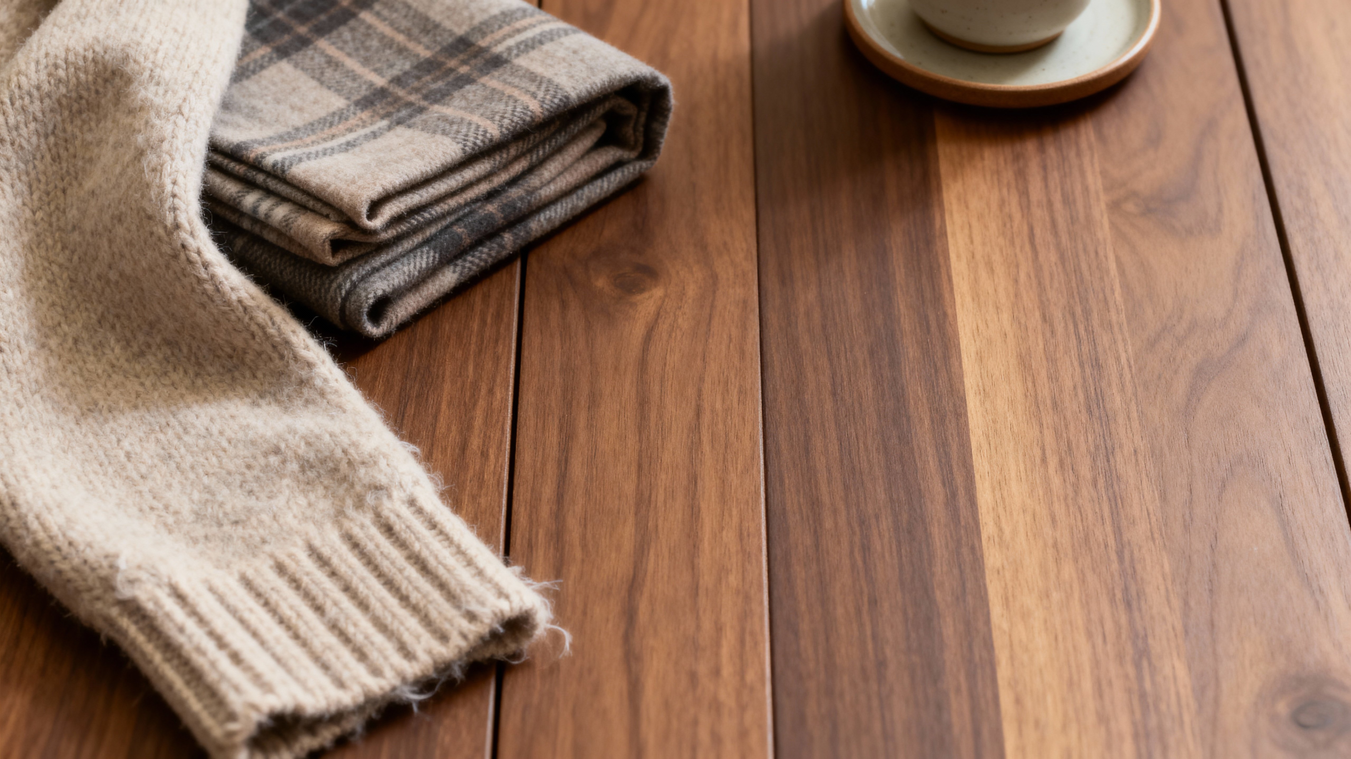 A top-down lifestyle texture study of walnut plank, heathered oatmeal knit and muted plaid flannel with a ceramic coaster, tactile ribbing and grain, gentle lateral light, warm-neutral grading and clear copy space.