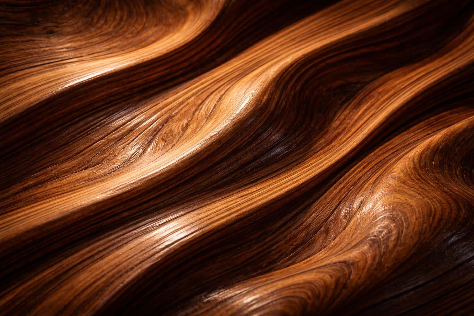 Close-framed abstract wood-grain topography rendered as a warm 3D study for wallpaper or poster use, emphasizing layered striations, highlights and deep shadowing.
