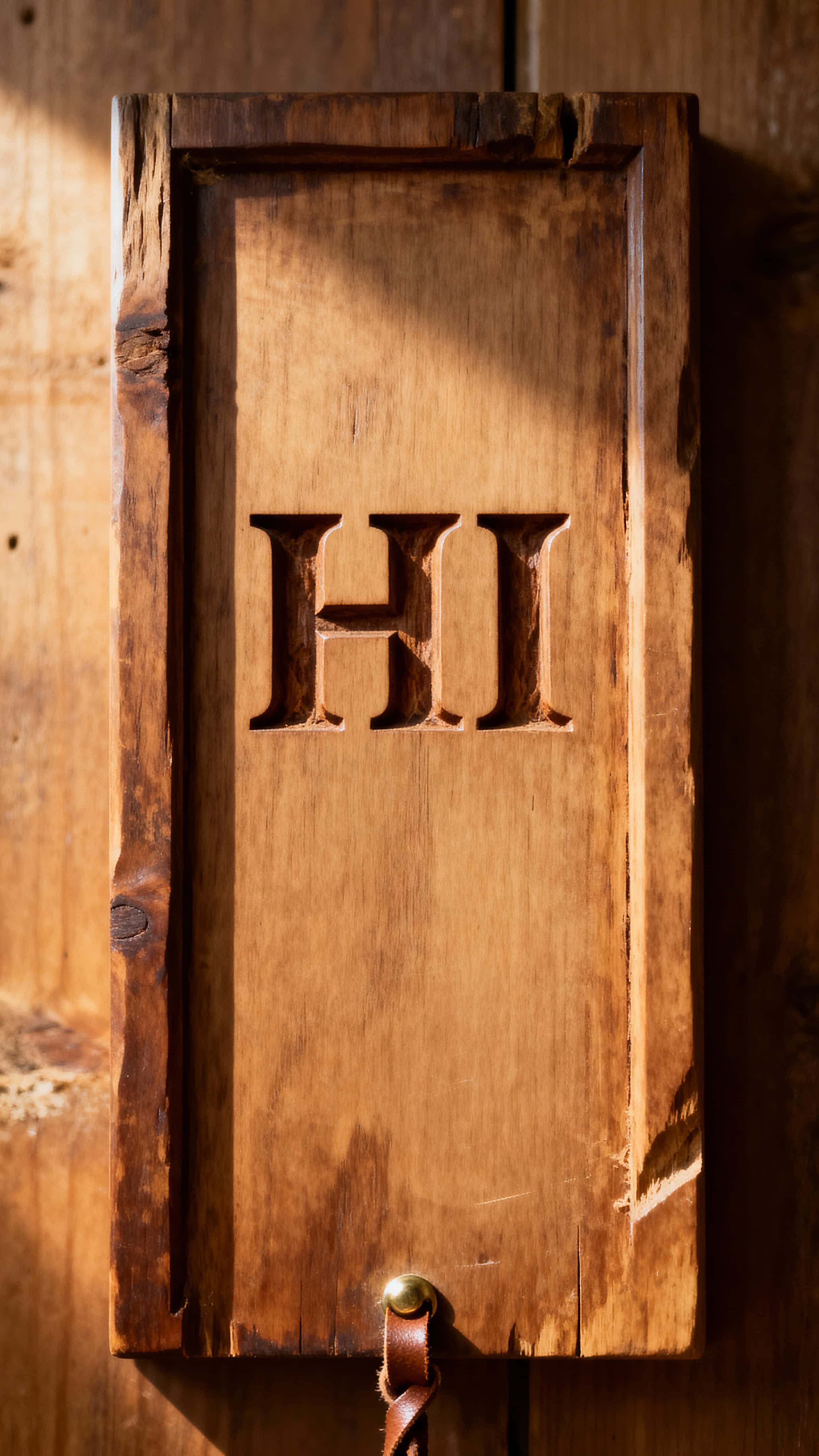 Close-up vertical 9:16 composition of the letters "HI" carved into a warm wooden panel, lit to reveal grain, depth, and tactile detail for display use and clear legibility.