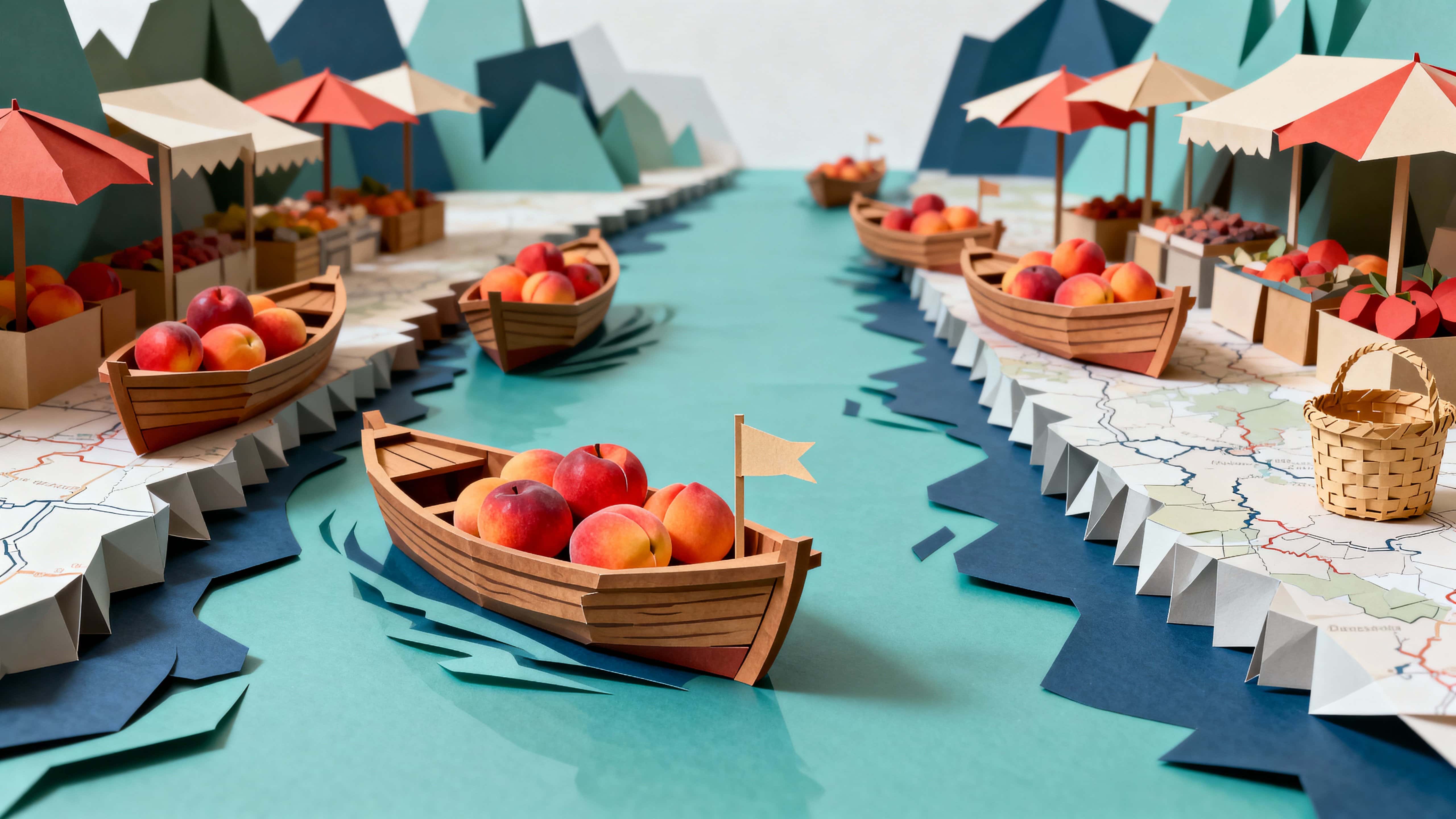 Small wooden boats loaded with fruits float inside a cut-paper water canal on a stylized map, while colorful umbrellas line the banks in bright, cheerful rows.