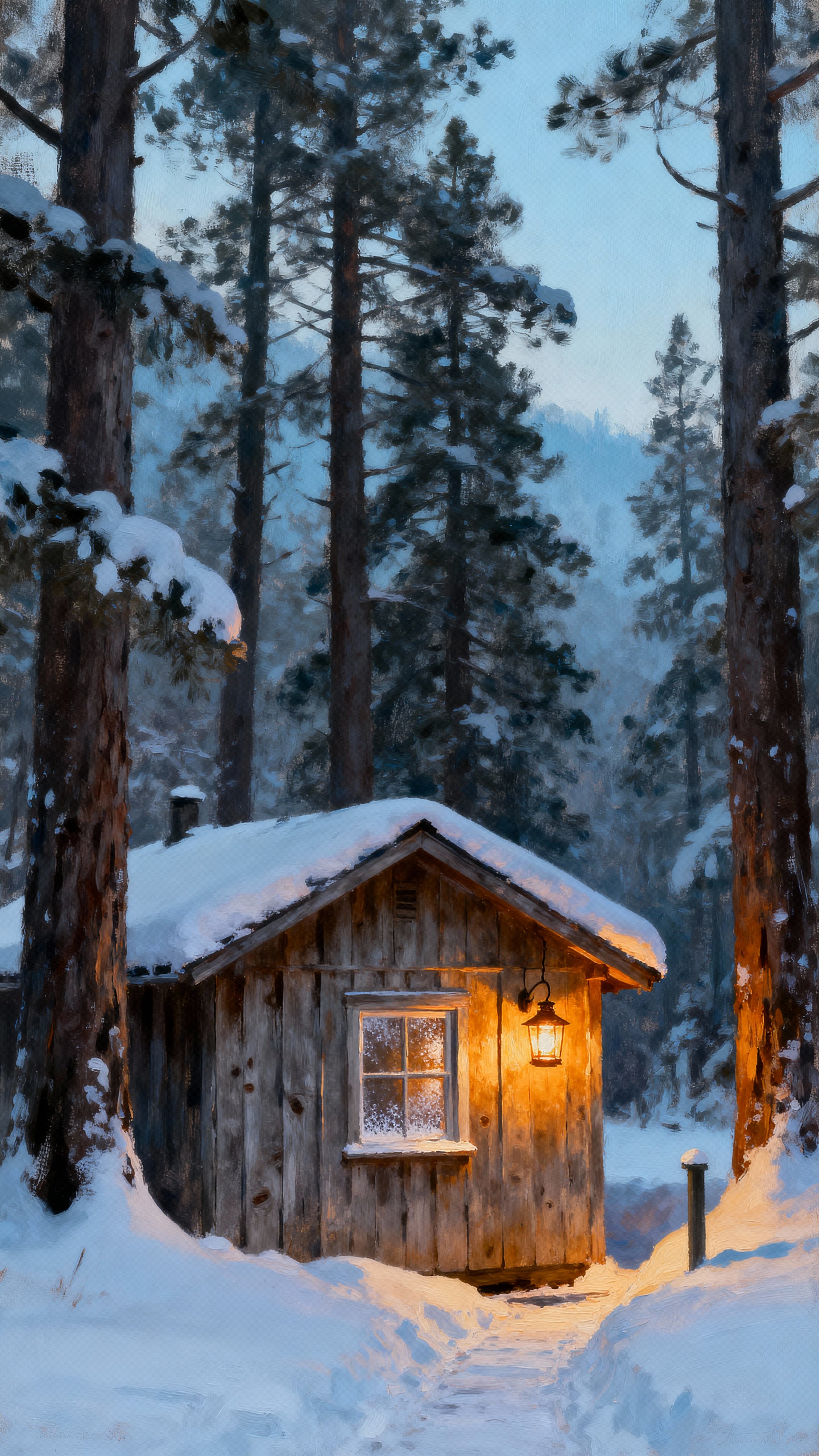 A small wooden cabin sits under fresh snow in a tall pine clearing, bathed in a warm golden light that contrasts with cool blue air and frames a vertical, intimate view.
