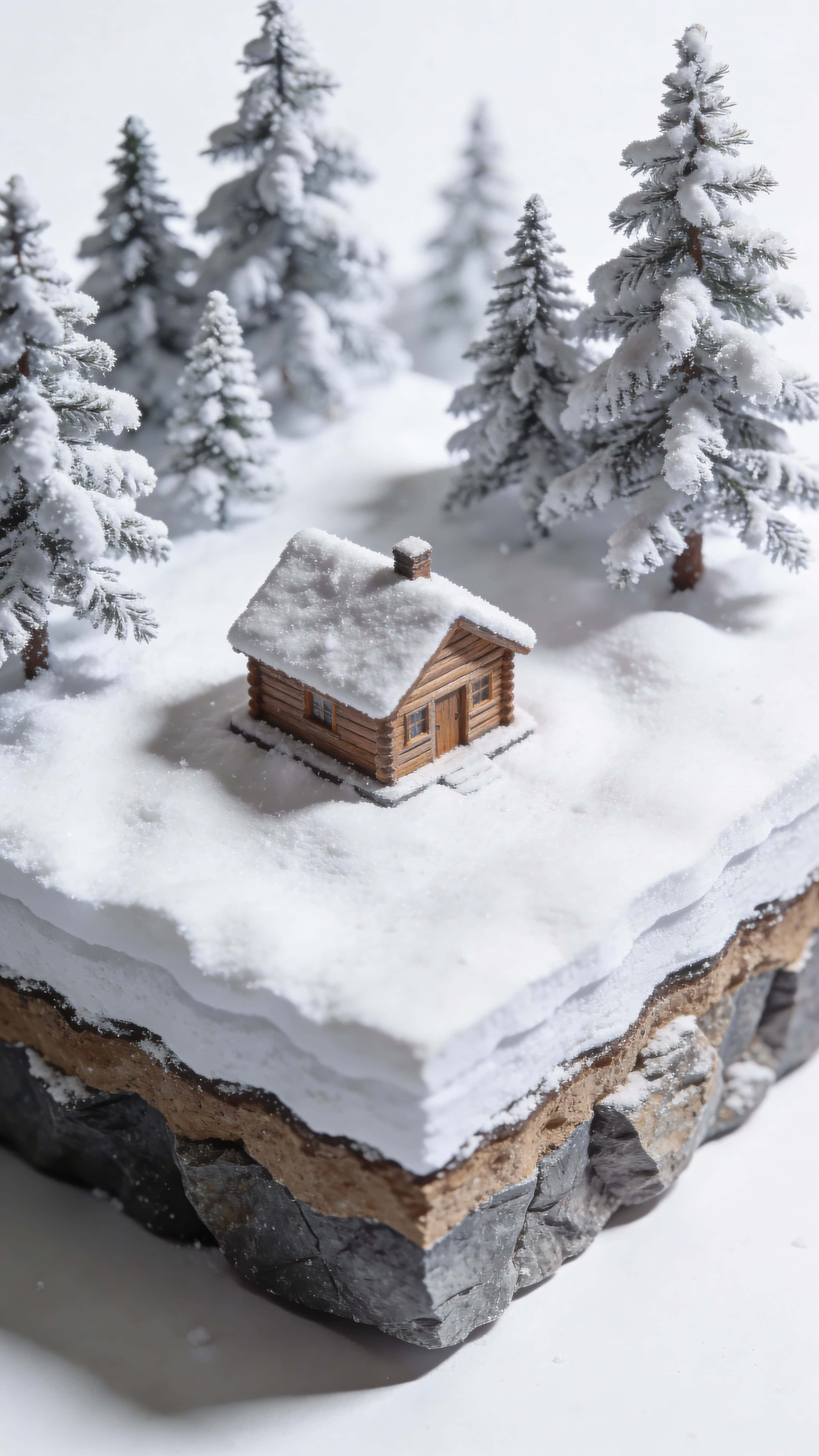 A vertical 9:16 minimalist 3D macro diorama showing a single wooden cabin atop a floating, snow-covered terrain block with frosted pine trees, a clean geometric cutaway revealing underground rock textures, and a tilt-shift miniature feel on
