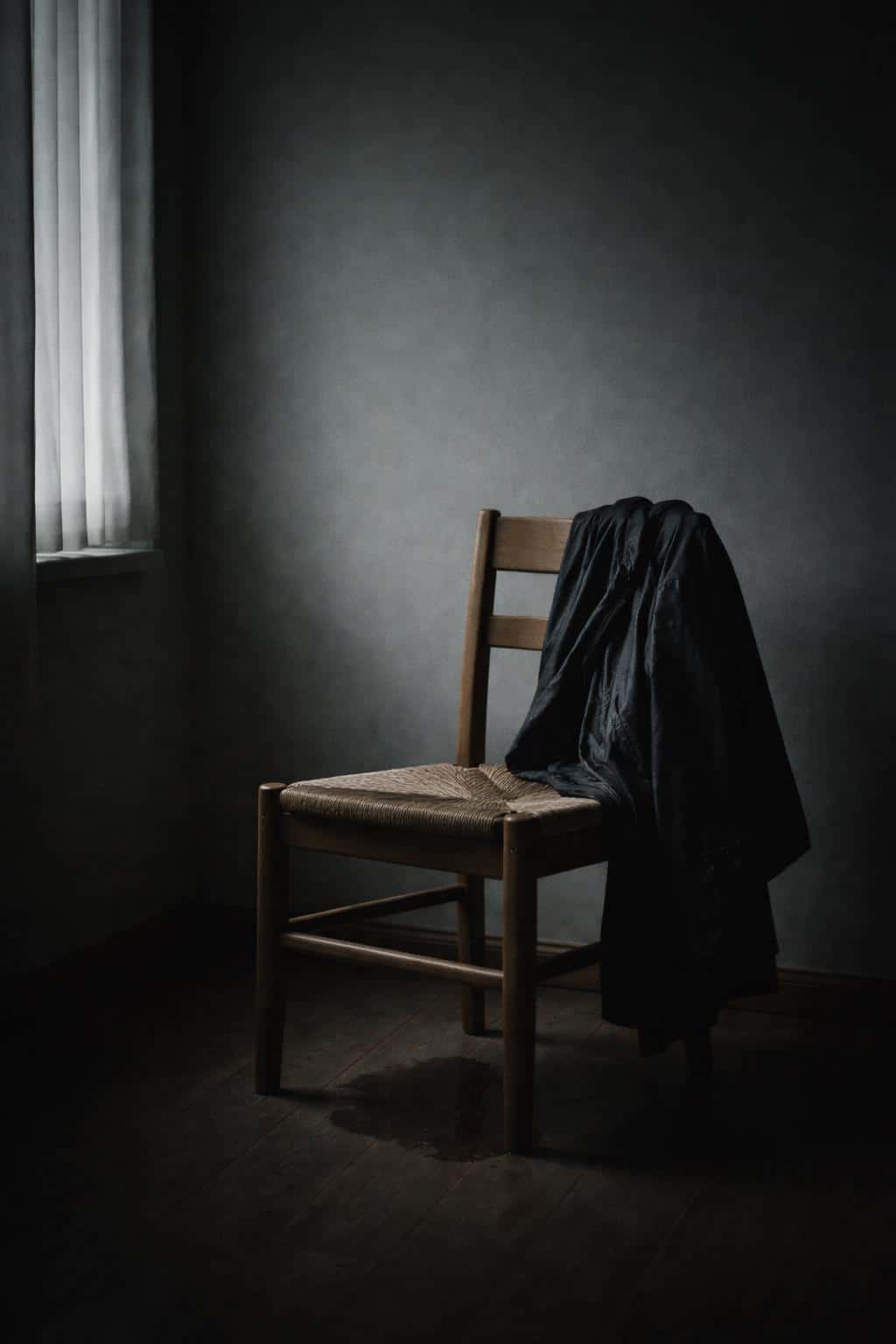 Portrait 2:3 cinematic still-life of a simple wooden chair with a dark raincoat dampened by rain, a small puddle beneath, soft cool window light and muted film grain.