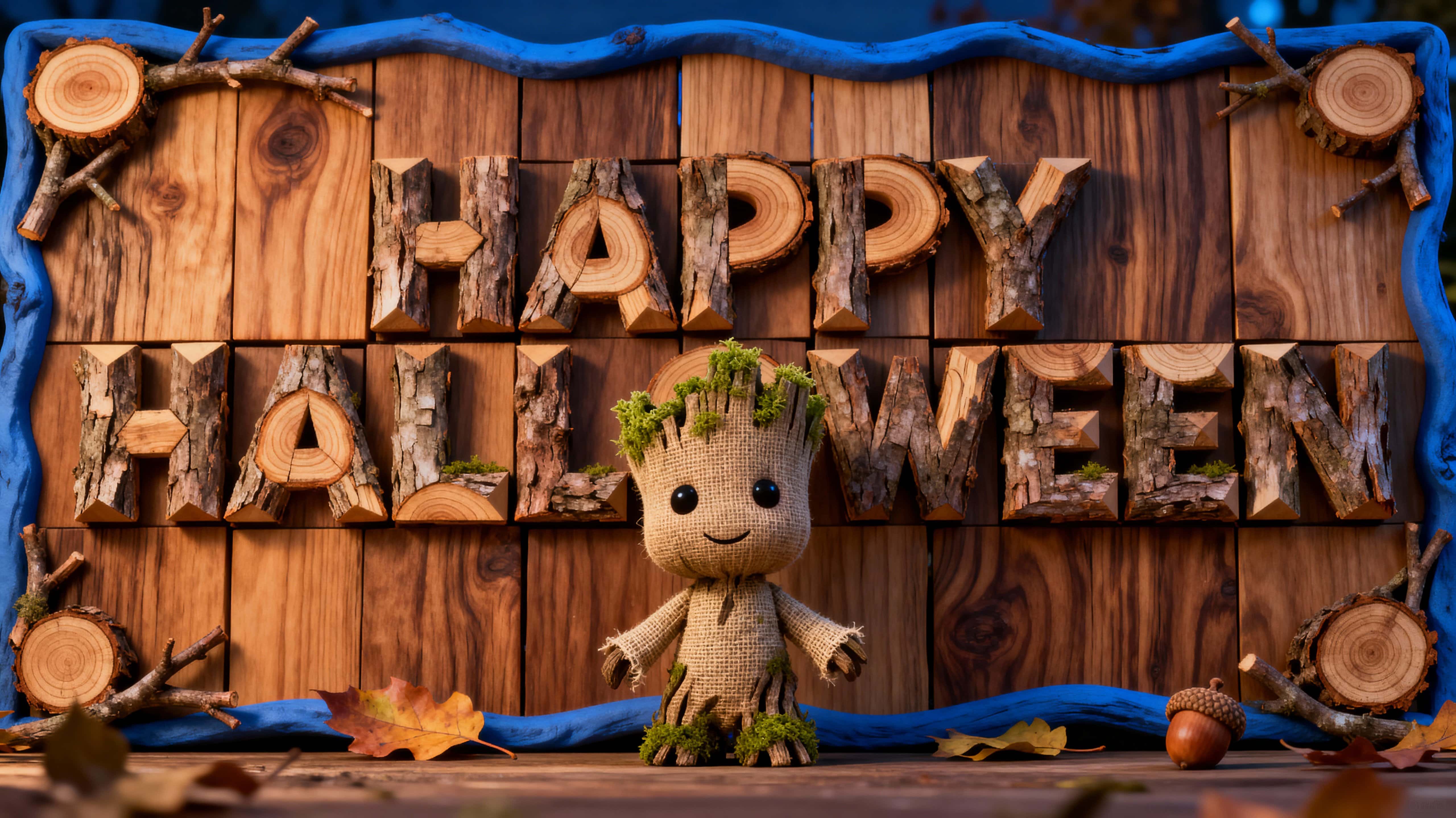 Photo-real 3D render of “HAPPY HALLOWEEN” built from interlocked bark slabs with twig offshoots and a burlap tree-spirit with faux moss, warm wood brown (#8B5A2B), burlap-beige (#D2B48C), mossy green (#6B8E23), deep blue rim (#0B1A3A) andac