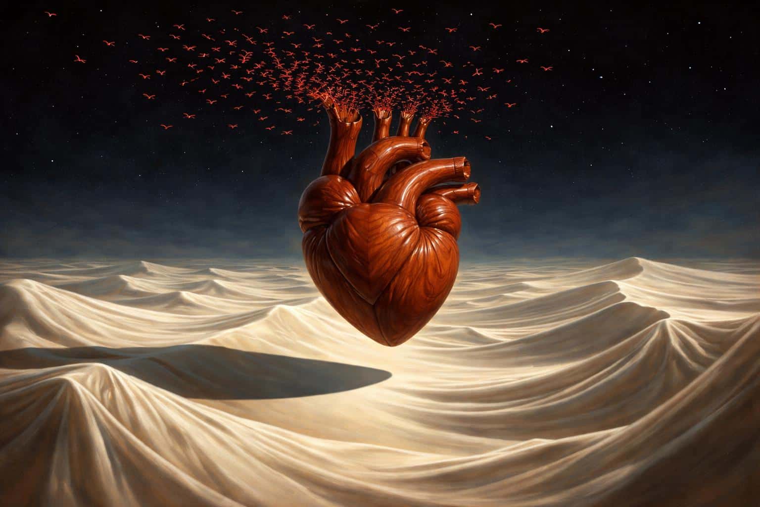 A surreal 3:2 landscape shows a giant polished mahogany heart floating above silk-white dunes as hundreds of tiny red birds pour from its valves into a starry sky.