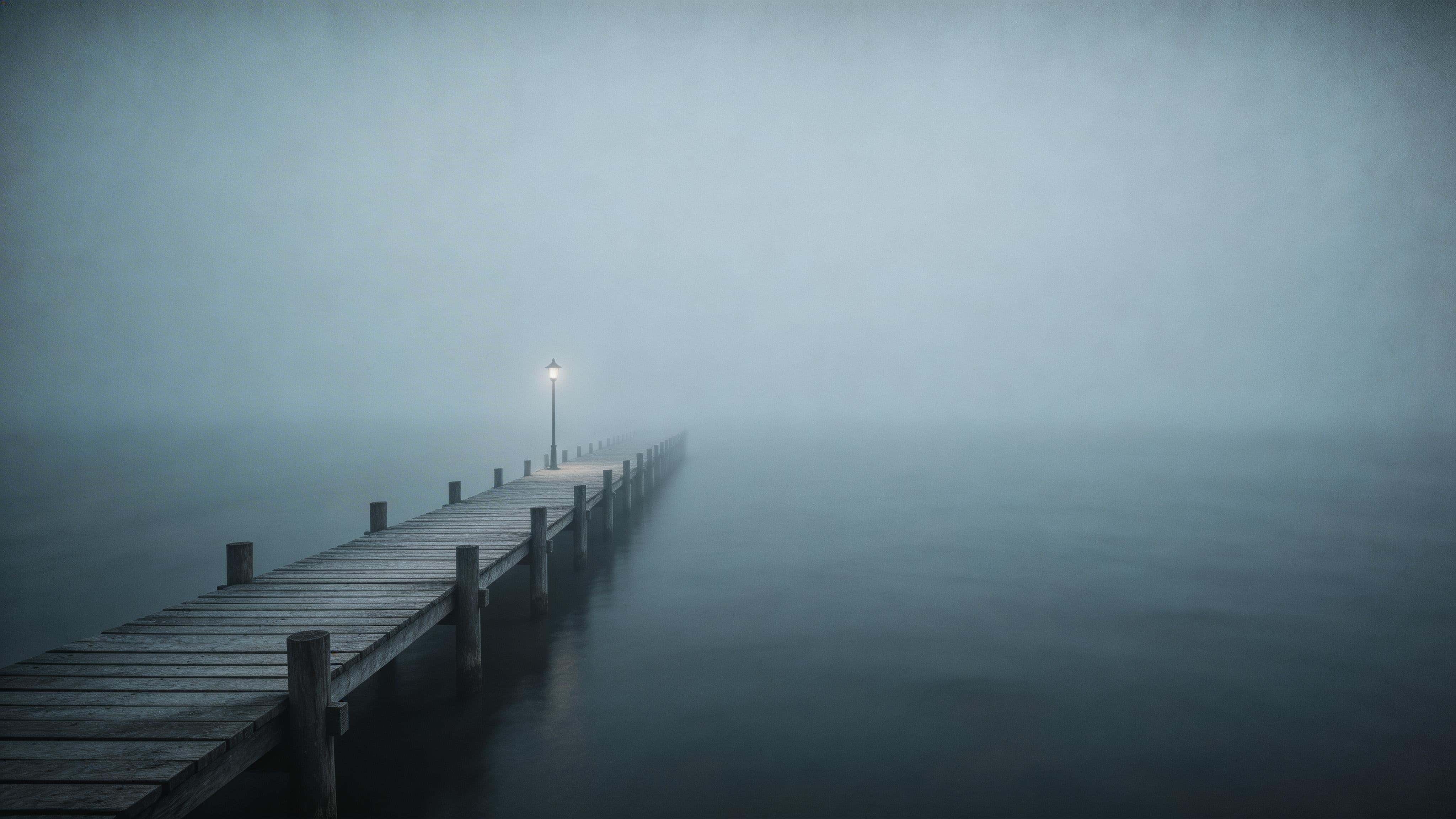 Minimal cinematic 16:9 wallpaper of an empty wooden pier stretching off-center into dense fog over still water, in cool monochrome tones with muted highlights.