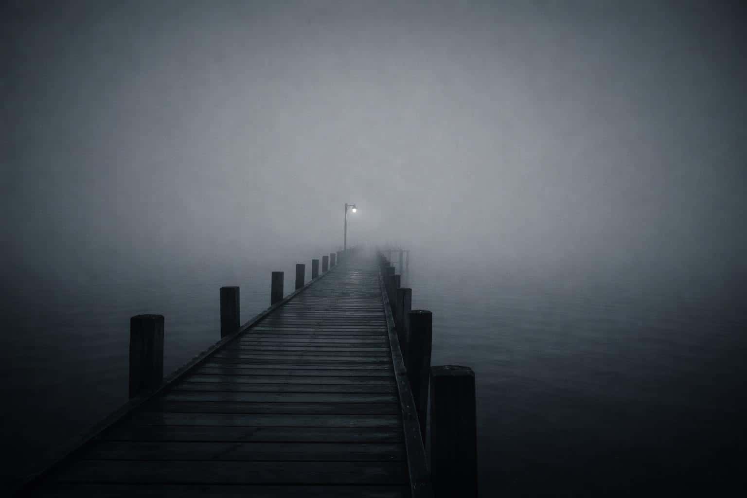 Minimal 3:2 widescreen cinematic photo of an off-center empty wooden pier stretching into dense cool fog over still water, evoking quiet sadness.