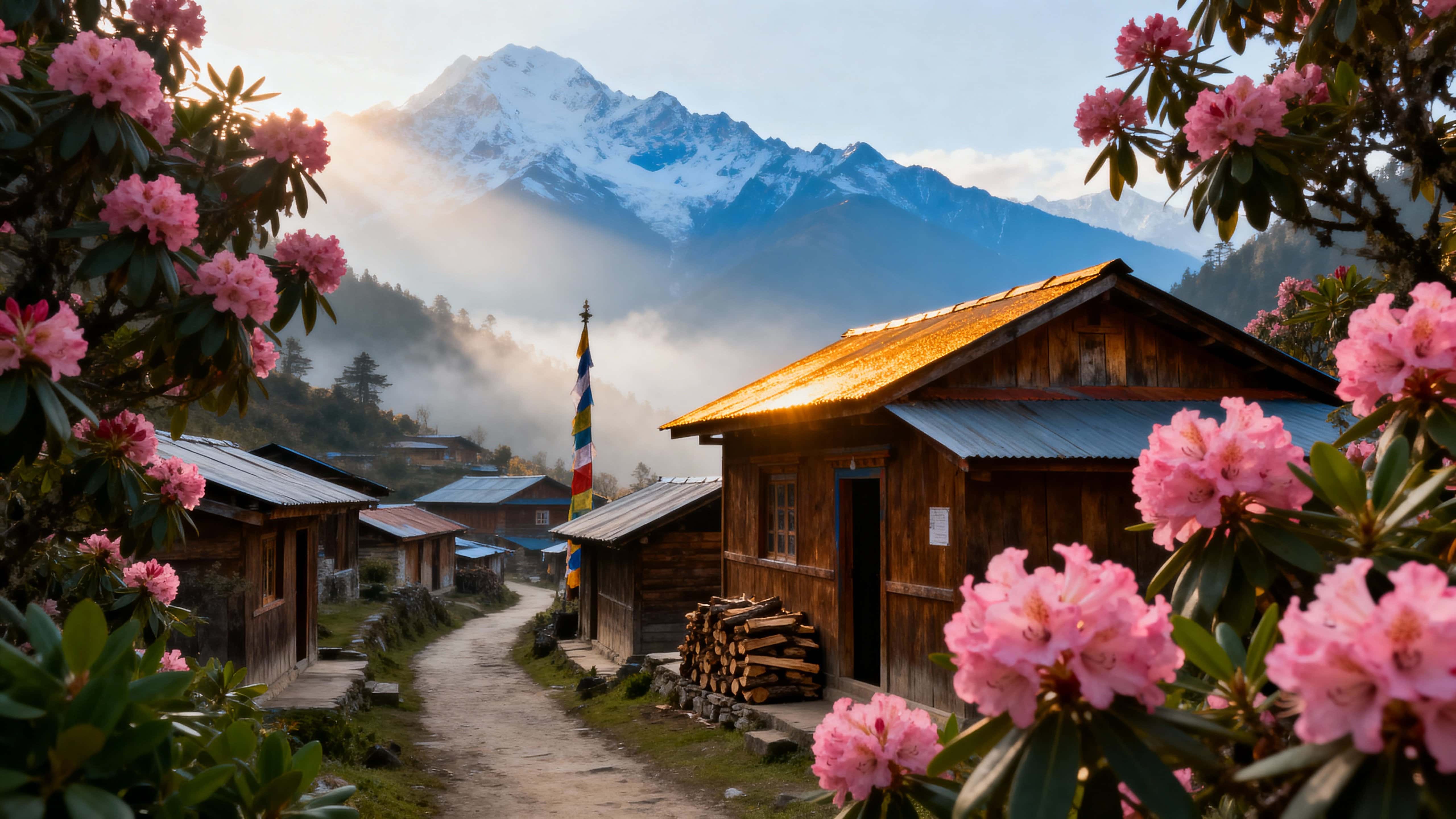 A small wooden village framed by blooming pink rhododendron and misty sunlight, set against snow-capped mountains, with soft ultra-realistic color tones and a serene alpine mood.