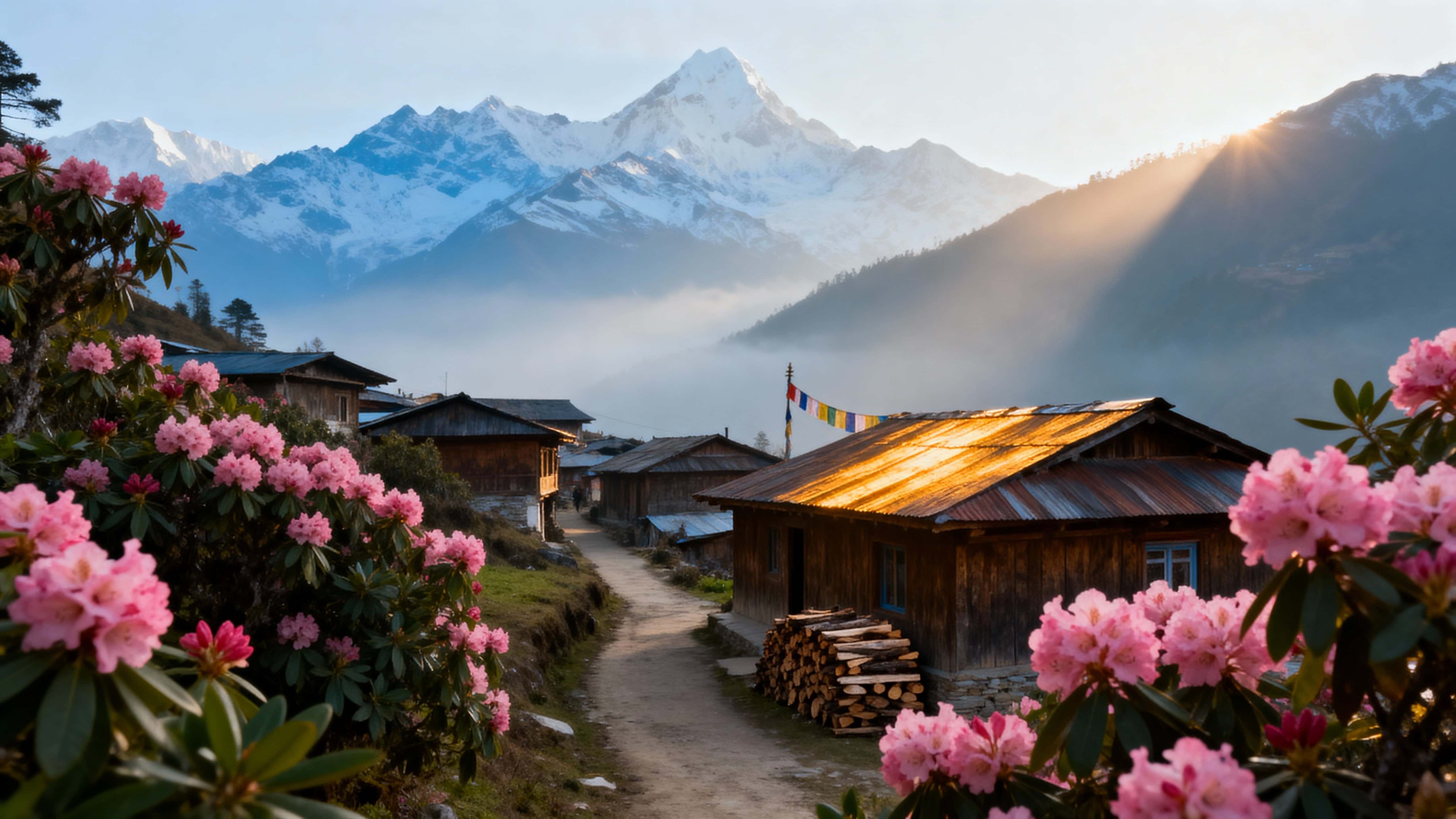 A small wooden village framed by blooming pink rhododendron and misty sunlight, set against snow-capped mountains, with soft ultra-realistic color tones and a serene alpine mood.