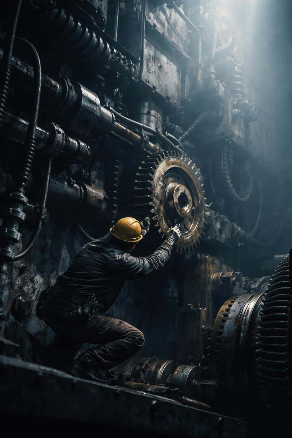 A single worker replaces a small gear inside a towering industrial machine in an editorial photography style, composed for a 2:3 poster-cover format.