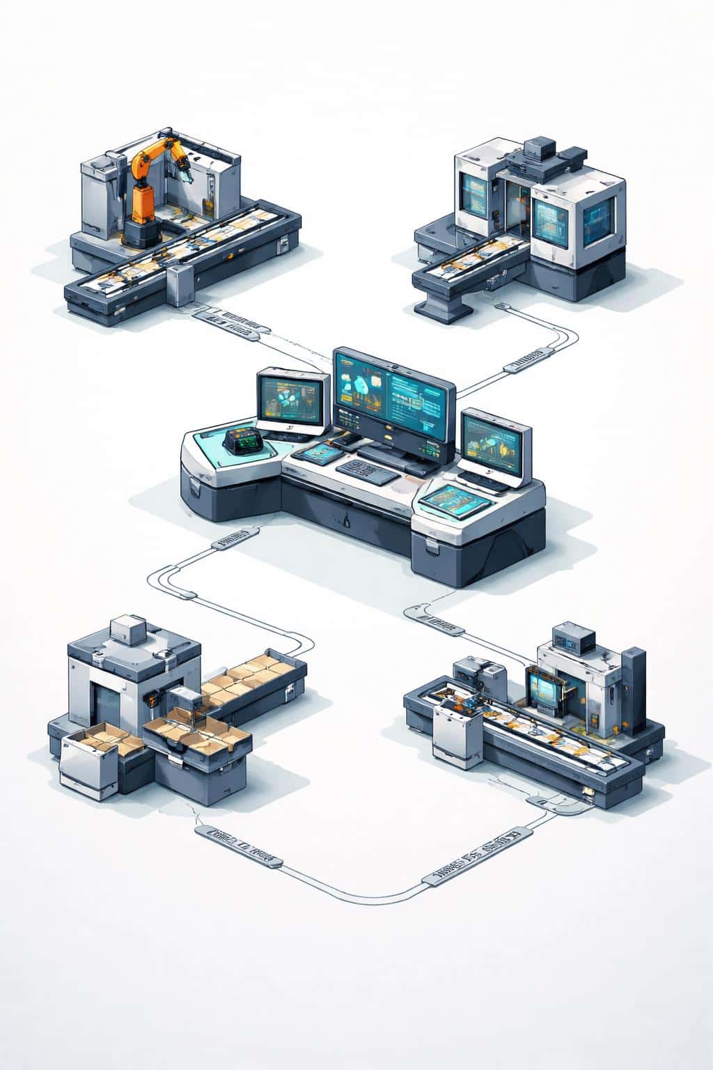 Workflow steps visualized as five physical factory stations in a clean isometric vector illustration for an infographic or poster, composed for a 2:3 vertical layout.