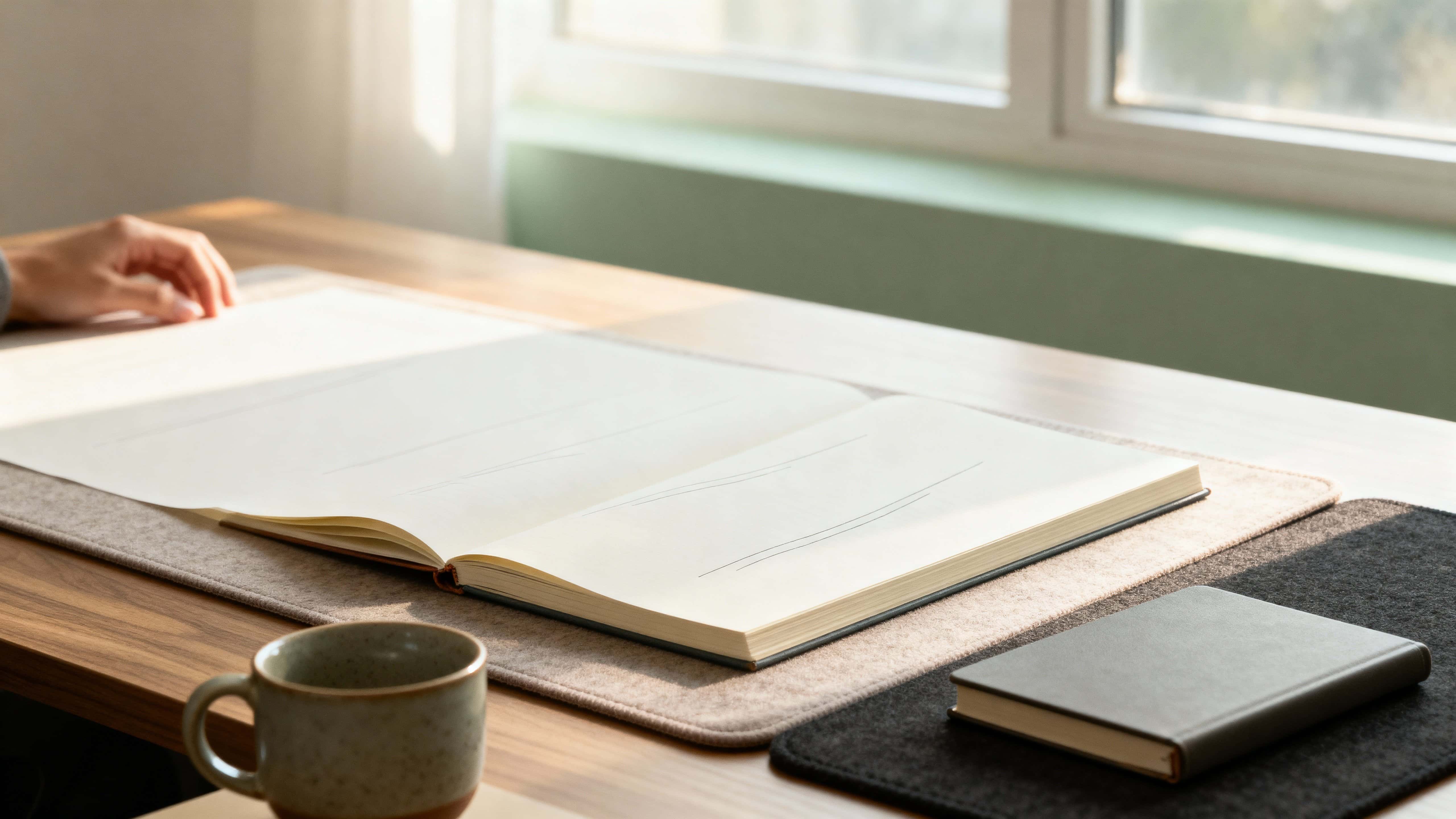 A minimalist 16:9 workspace scene that gently blurs the background to foreground the desk and tools, creating a calm, focused mood for editorial or product imagery.